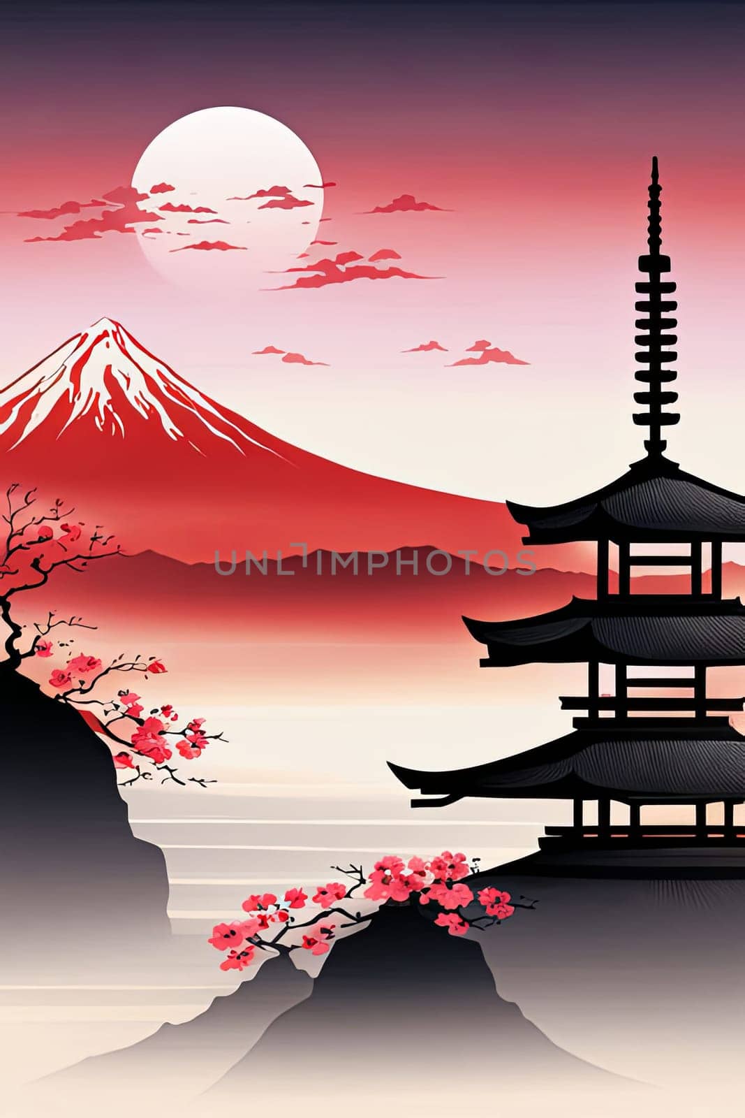 Japanese pagoda set against iconic Mount Fuji, capturing essence of traditional Japanese landscape, architecture. For art, creative projects, fashion, style, advertising campaigns, web design, print