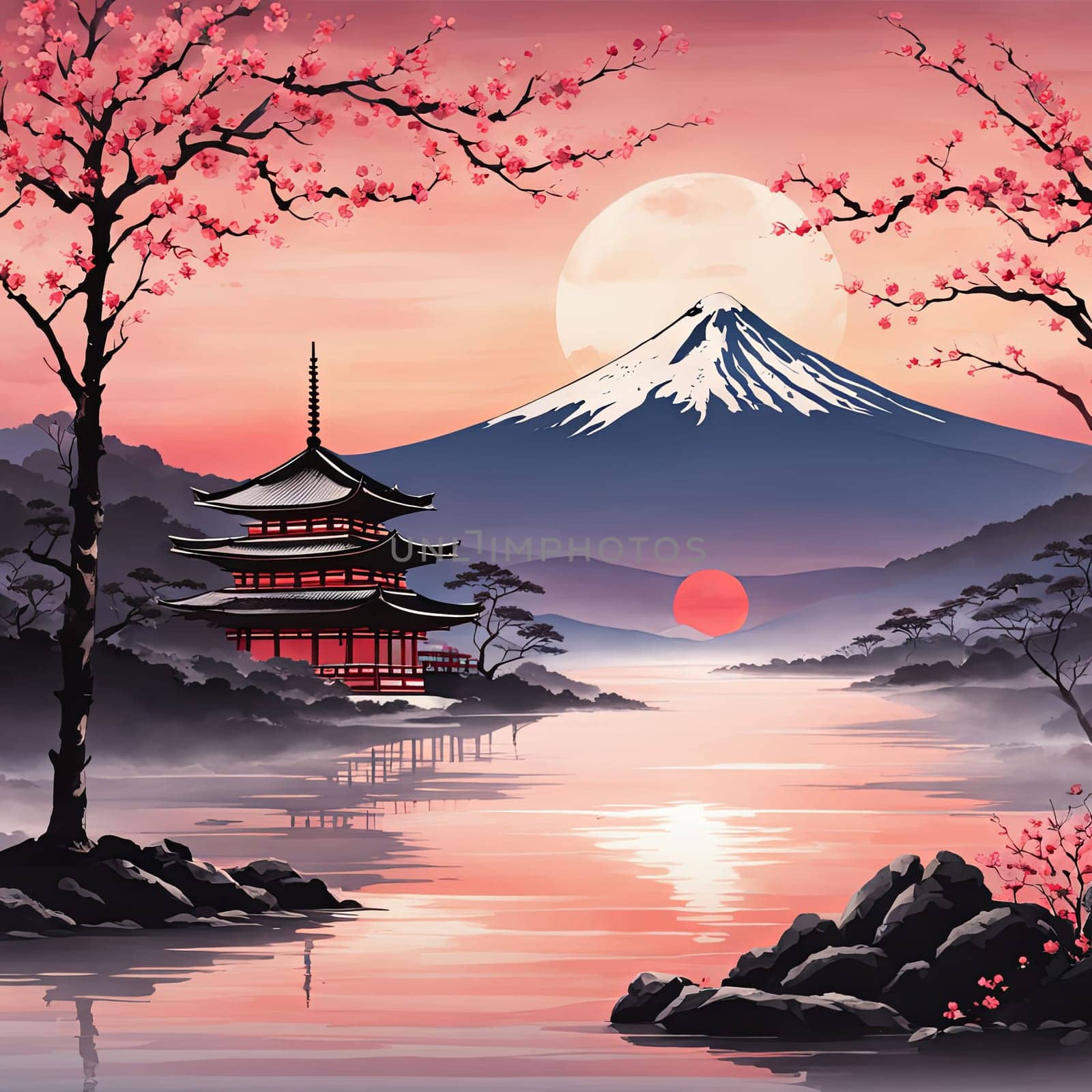 Serene landscape with mountain, pagoda in background. Sky is filled with beautiful pink hue, and moon is shining brightly. Concept of peace, tranquility. For art, creative projects, fashion, magazines