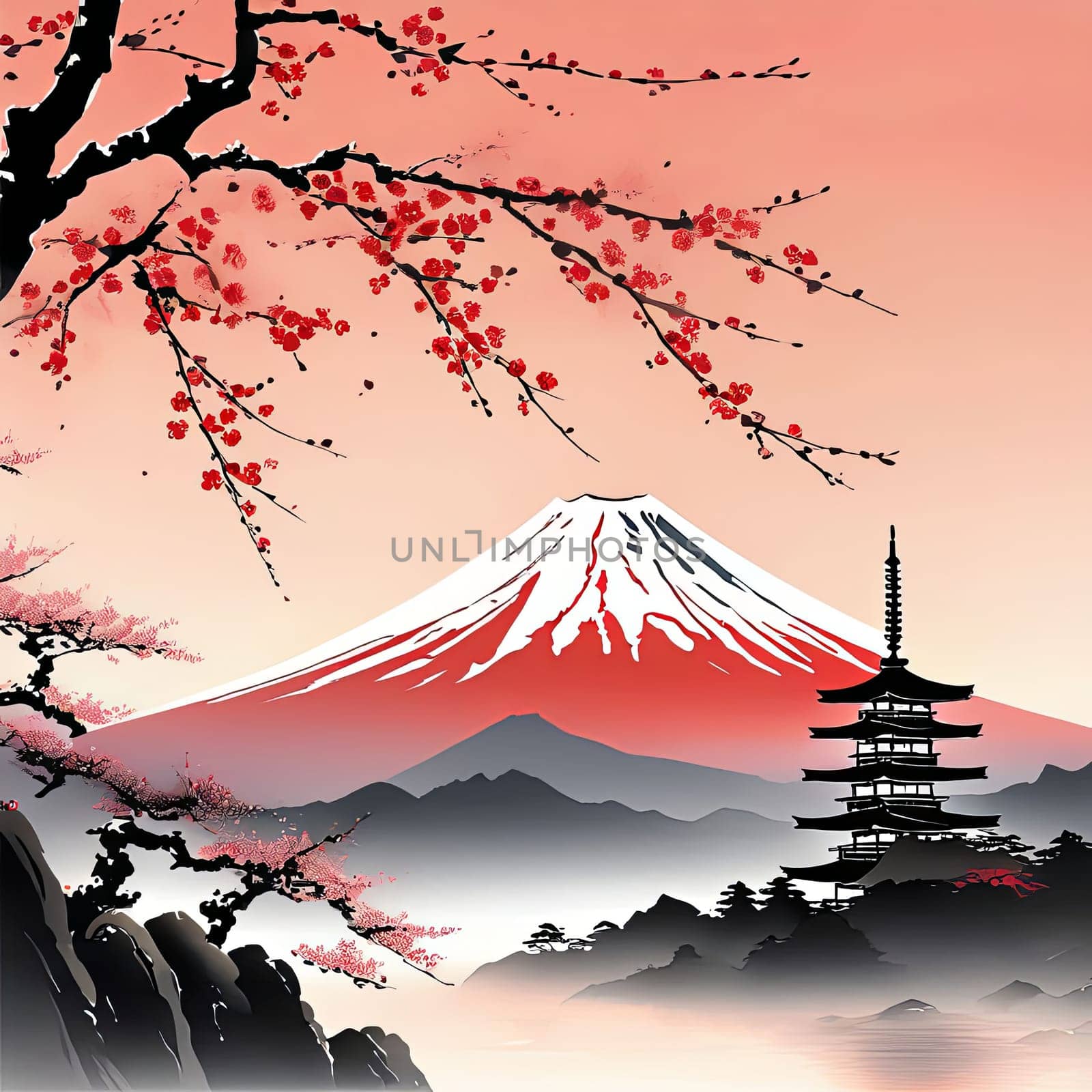 Serene landscape with mountain, pagoda in background. For meditation apps, on covers of books about spiritual growth, in designs for yoga studios, spa salons, illustration for articles on inner peace