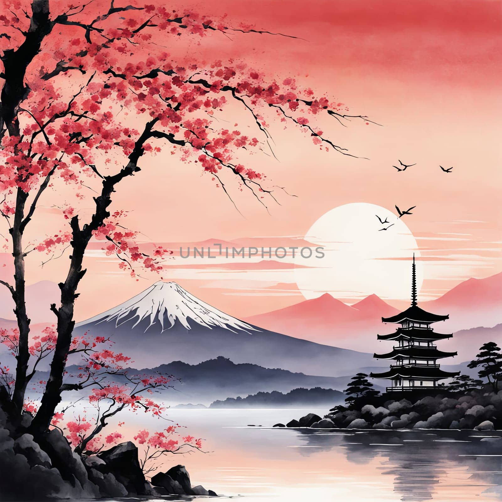 Traditional Japanese pagoda with iconic Mount Fuji in background, capturing essence of Japans natural beauty, cultural heritage. For interior, commercial spaces to create stylish atmosphere, print. by Angelsmoon