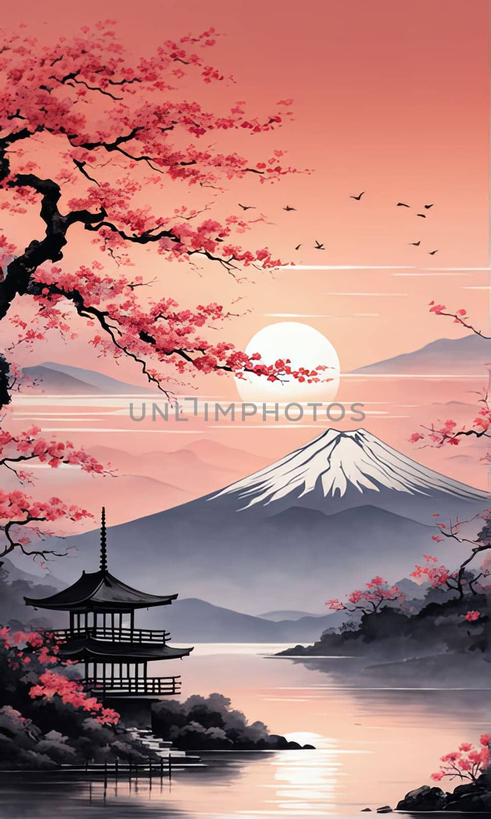 Serene landscape with mountain, pagoda in background. For meditation apps, on covers of books about spiritual growth, in designs for yoga studios, spa salons, illustration for articles on inner peace. by Angelsmoon