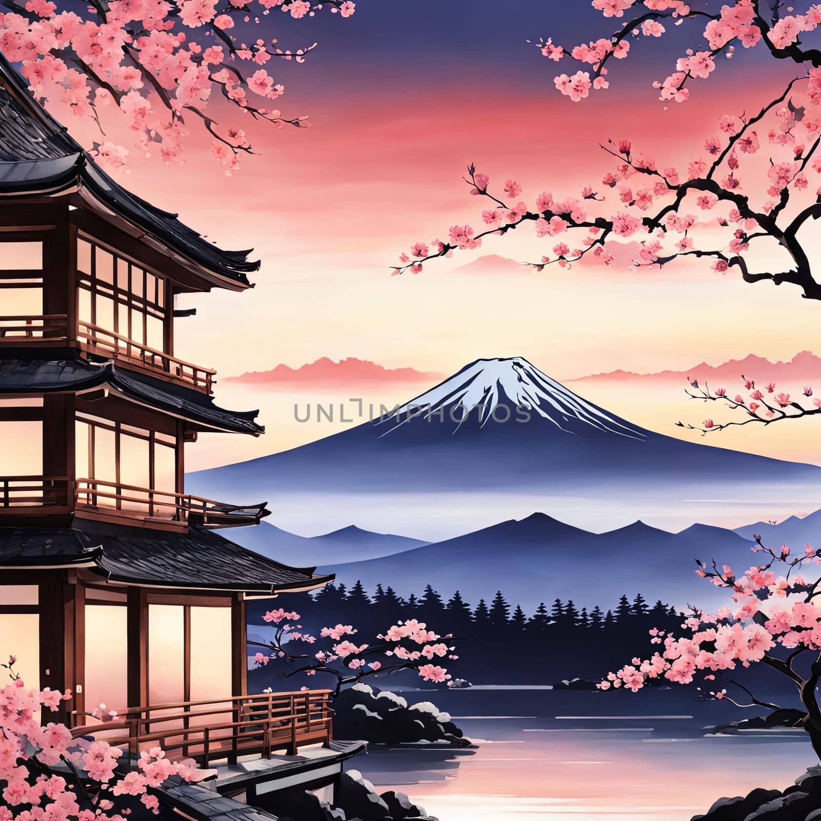 Japanese sunset over tranquil landscape, featuring traditional pagoda silhouetted against radiant sky. Blend of vibrant colors captures essence of peace. For art, creative projects, fashion, magazines