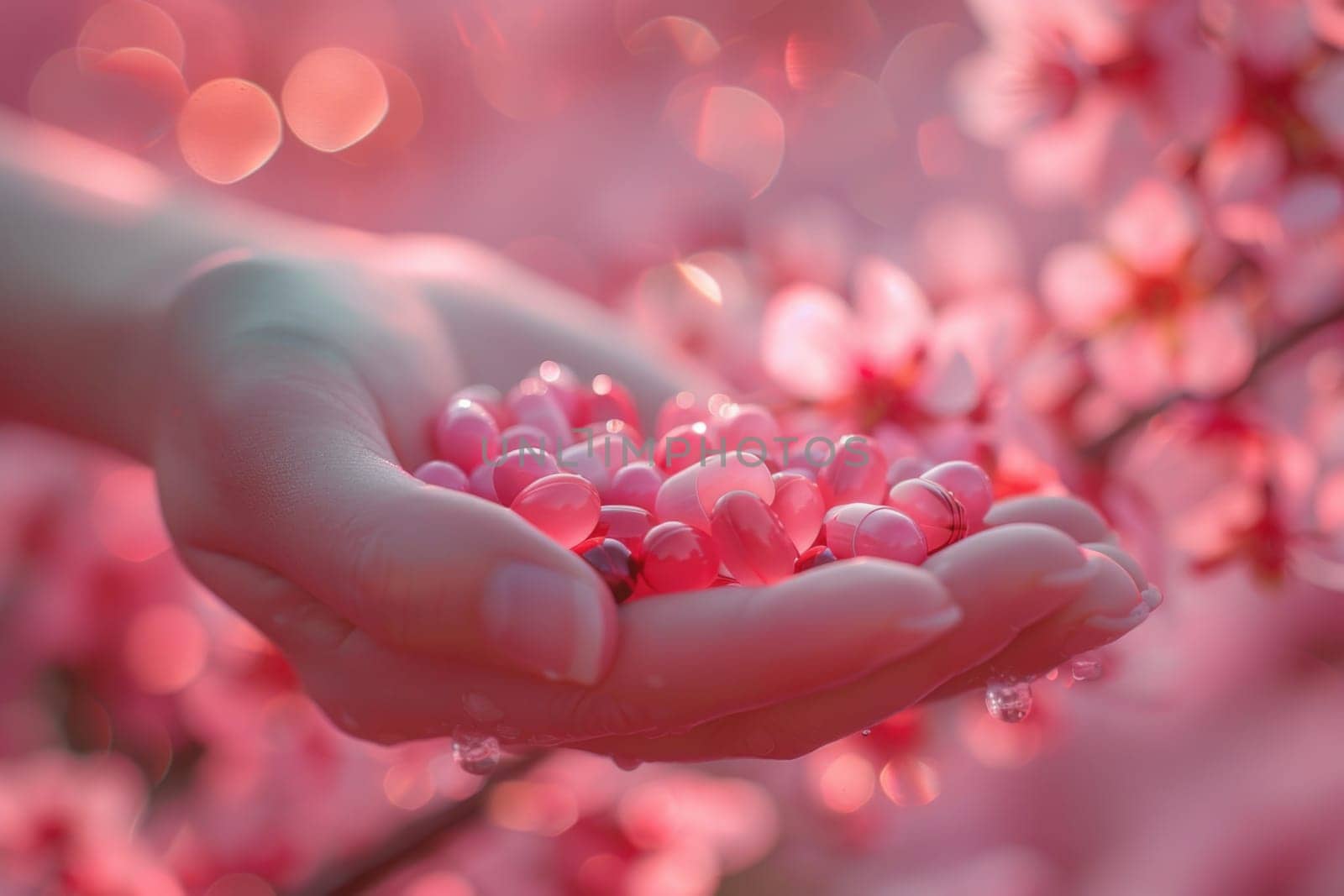 A close-up shot of a persons hands holding a bunch of small pink flowers.