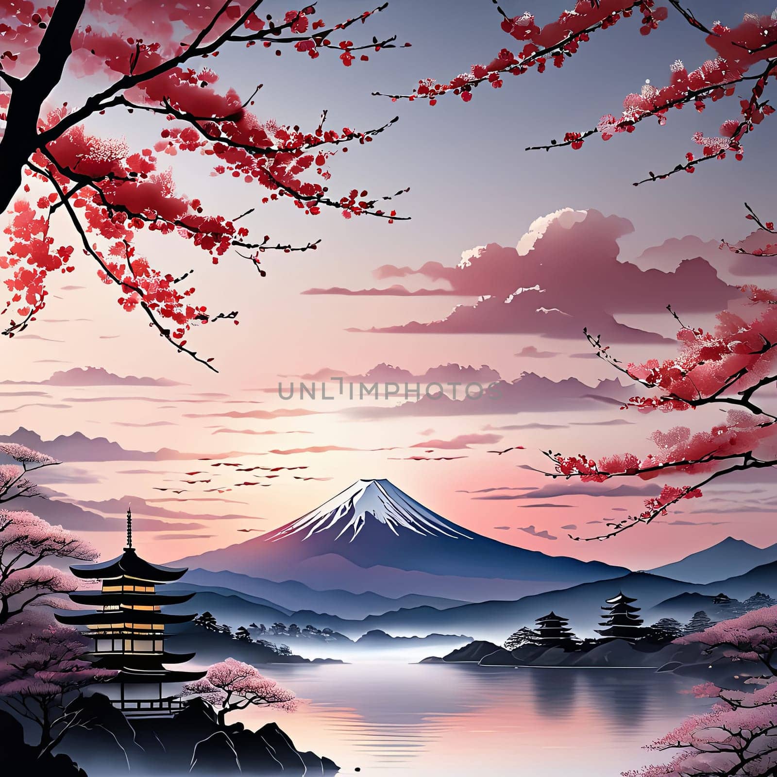 Serene landscape with mountain, pagoda in background. Sky is filled with beautiful pink hue, and moon is shining brightly. Concept of peace, tranquility.For art, creative projects, fashion, magazines. by Angelsmoon