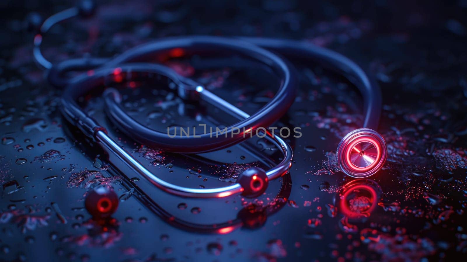 A stethoscope laying on top of a wet surface, reflecting light with droplets of water scattered around.