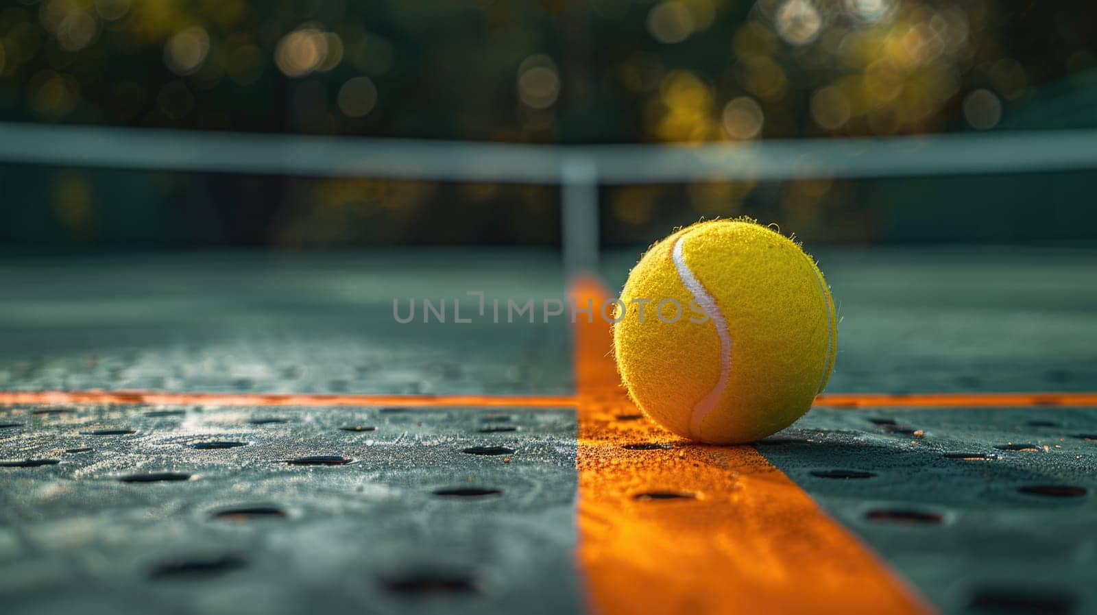 A tennis ball rests on top of a green and white tennis court surface, ready for action.