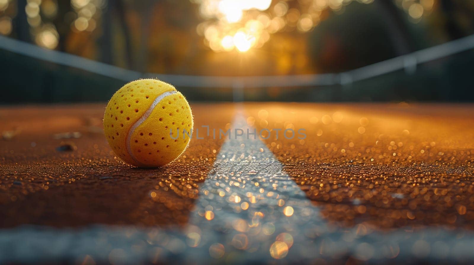 A vibrant yellow tennis ball is left untouched on the green tennis court surface, awaiting the next serve or match to begin.