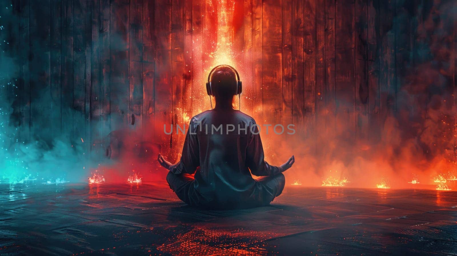 A person is seated in a lotus position in front of a crackling fire, demonstrating a focused and meditative posture.