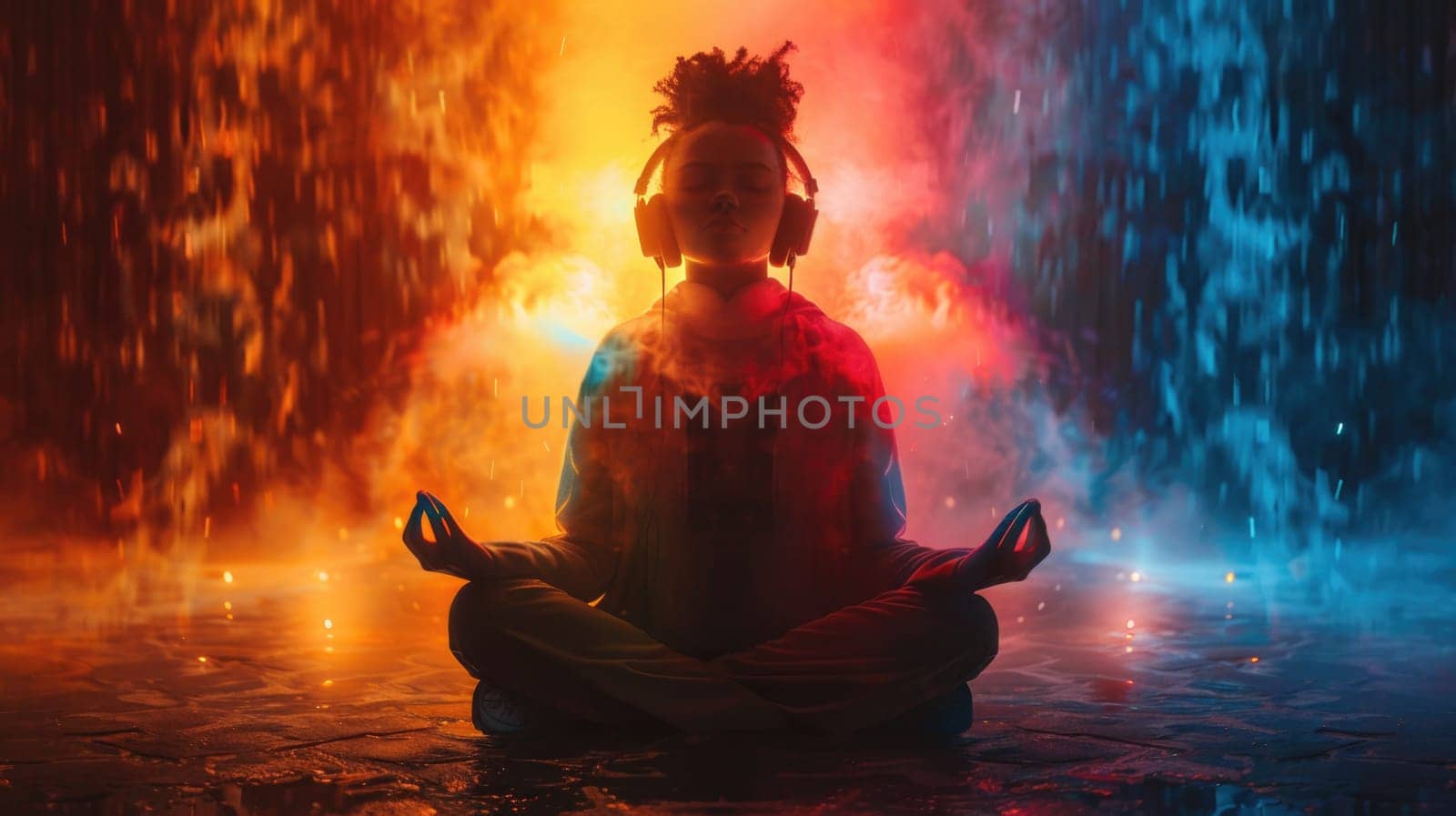 An individual is sitting cross-legged in a meditative posture in front of a cascading waterfall, surrounded by nature.