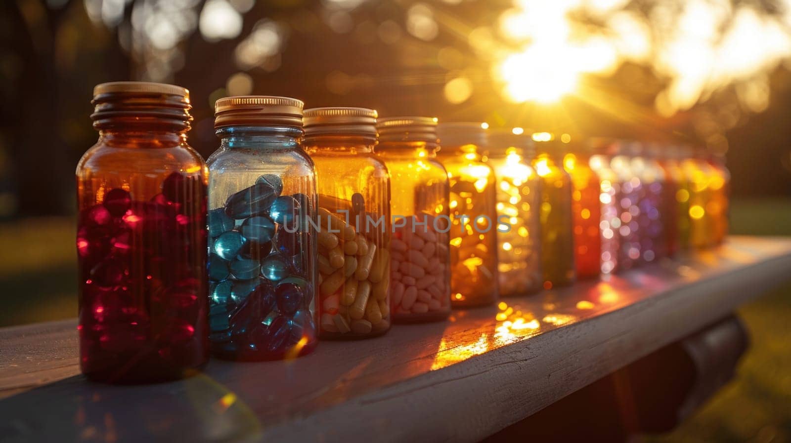 A collection of jars filled with various types of colorful beads neatly arranged in a row.