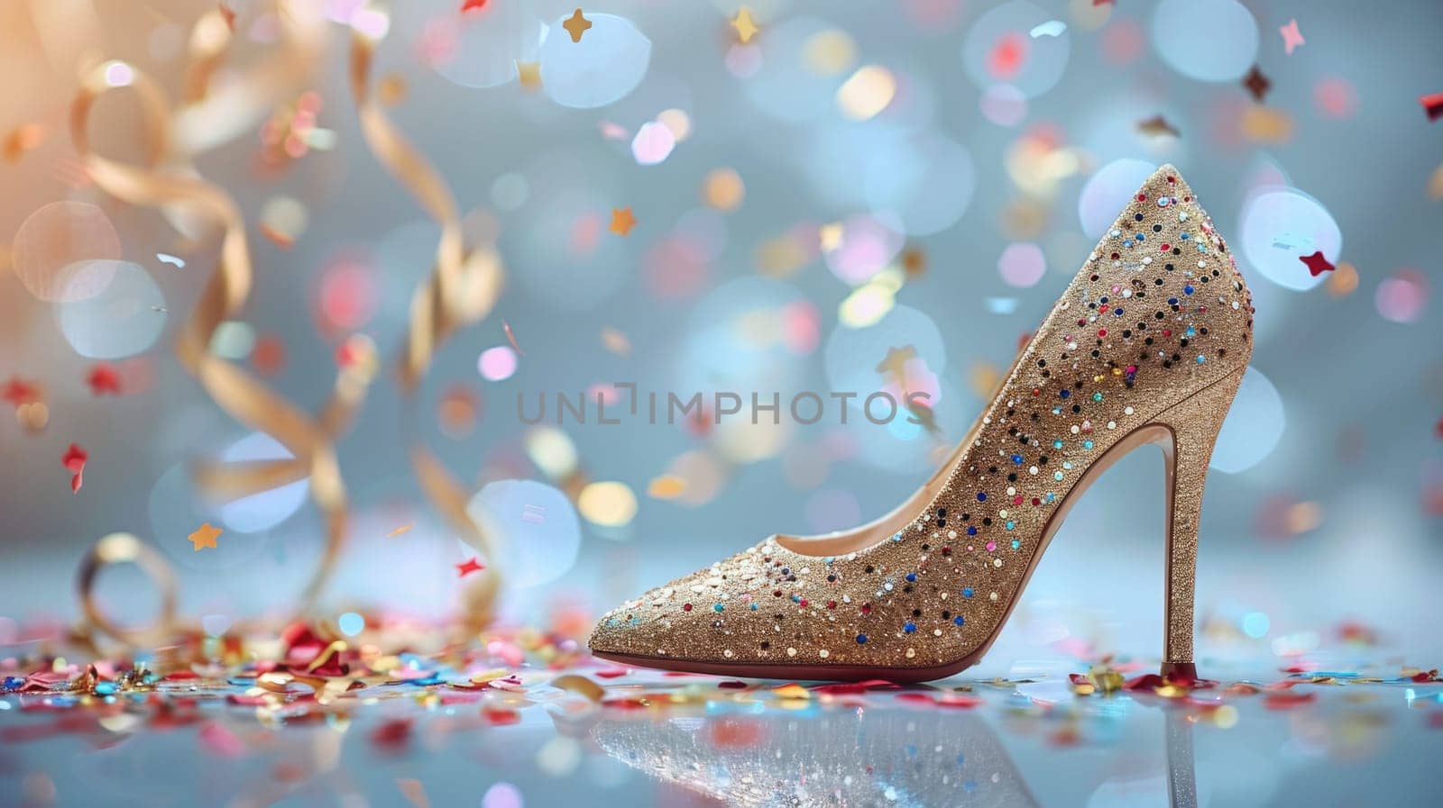 A photo of a pair of elegant golden high heeled shoes placed neatly on top of a table.