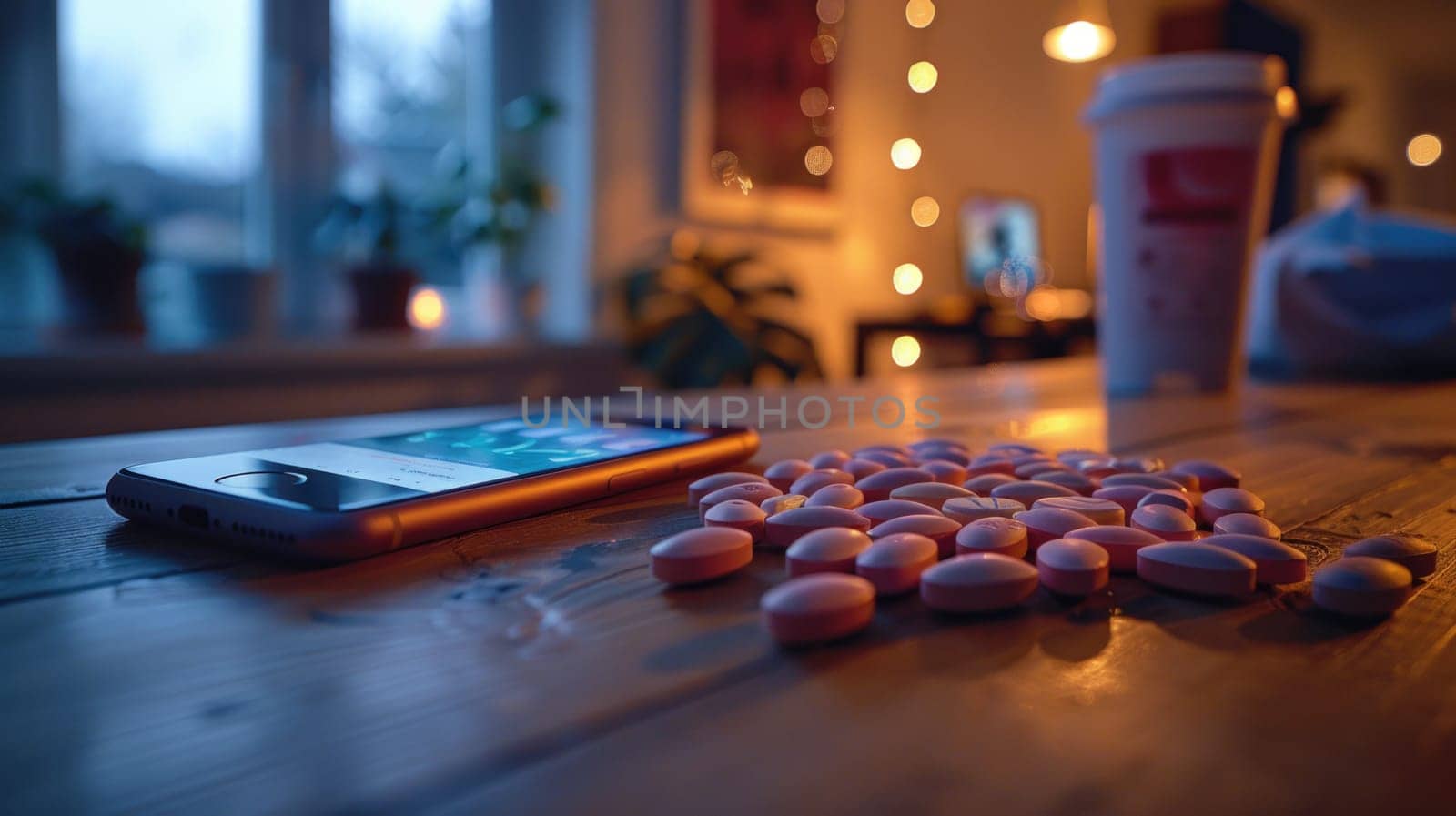 A professional photograph of prescription pills scattered on a table next to a cell phone.