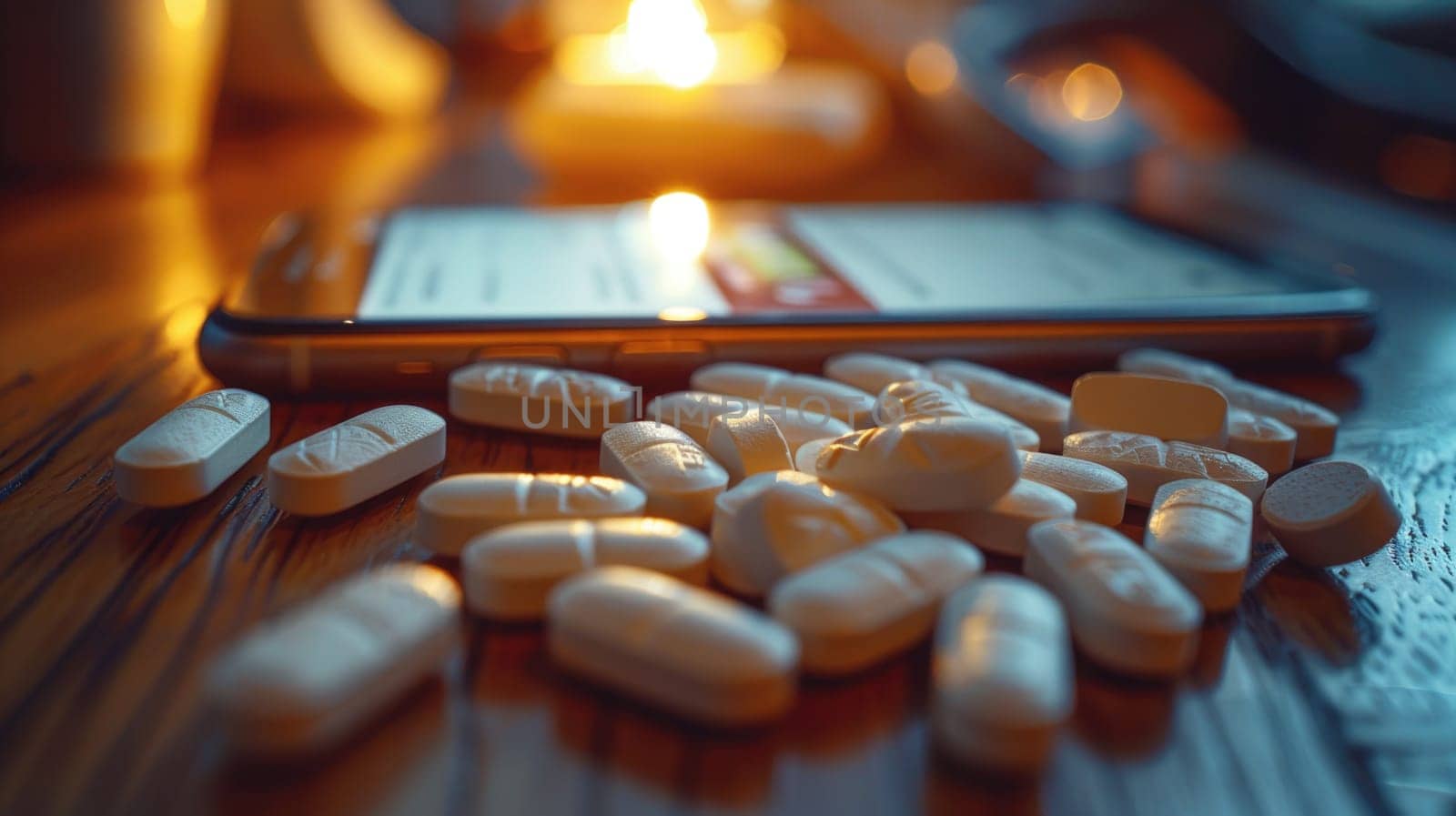 Close up of prescription pills arranged neatly on a table next to a cell phone. The pills are various colors and shapes.