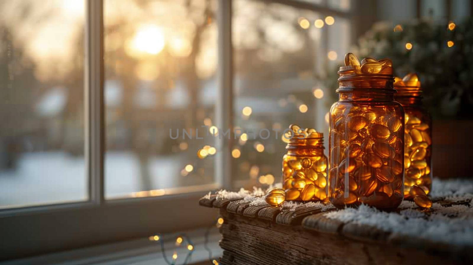 Two jars filled with pills and supplements placed on a window sill.