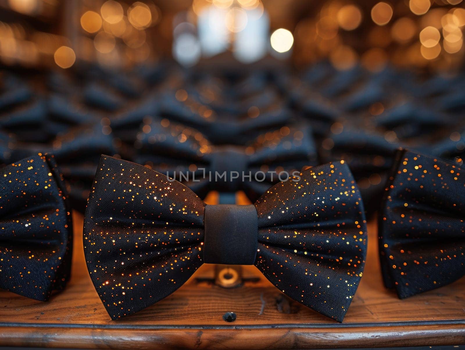 Group of Black Bow Ties on Wooden Table. Generative AI by but_photo