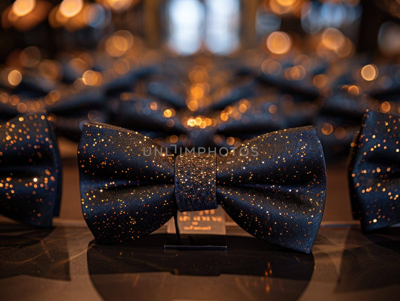 A close-up shot of a stylish bow tie placed neatly on a table, highlighting its intricate design.