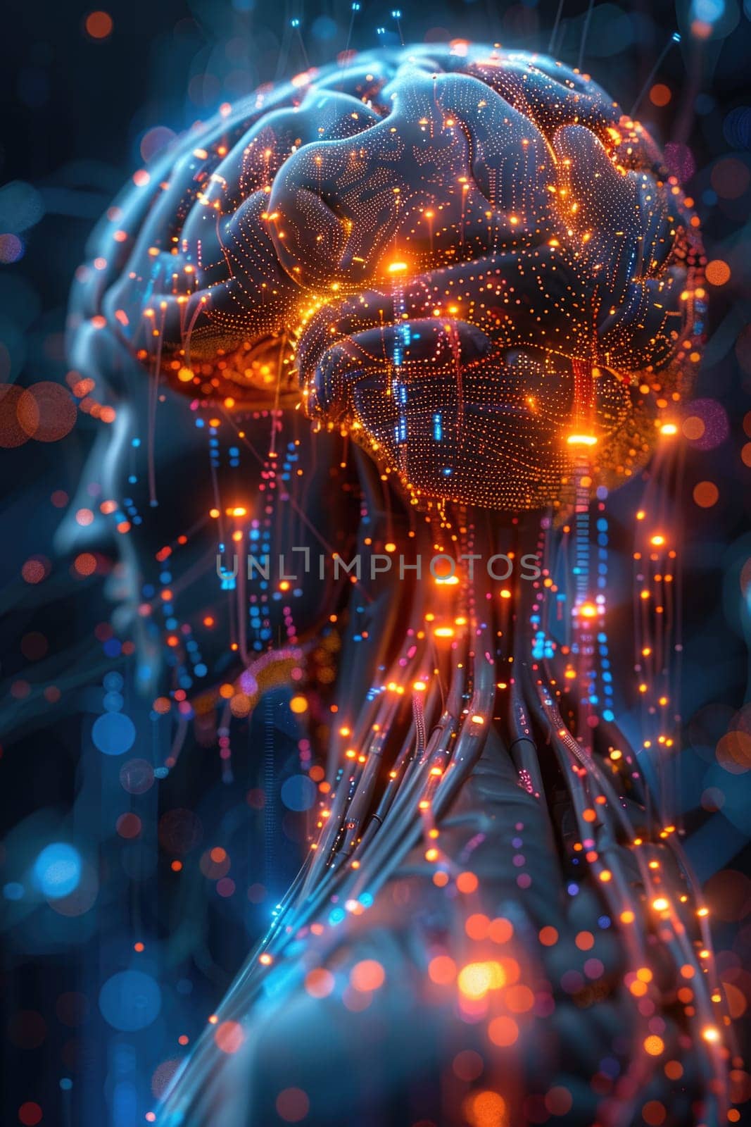 A digital representation of a human head and brain, showcasing intricate neural pathways and cognitive functions.