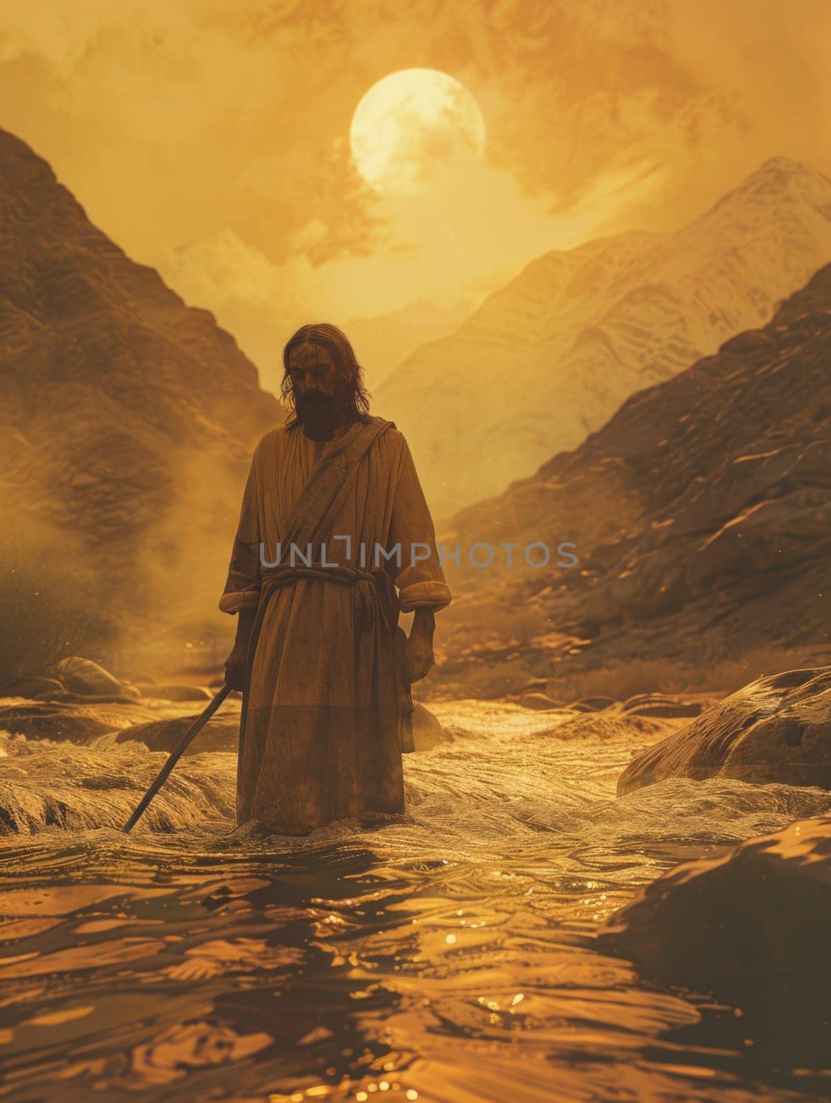 A man stands in a river, holding a sword with the sun shining behind him.