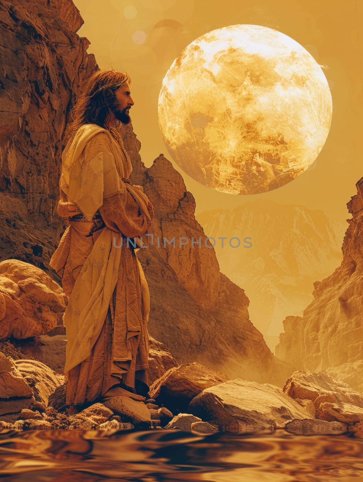 A man is standing on rocks in front of a full moon in this painting.