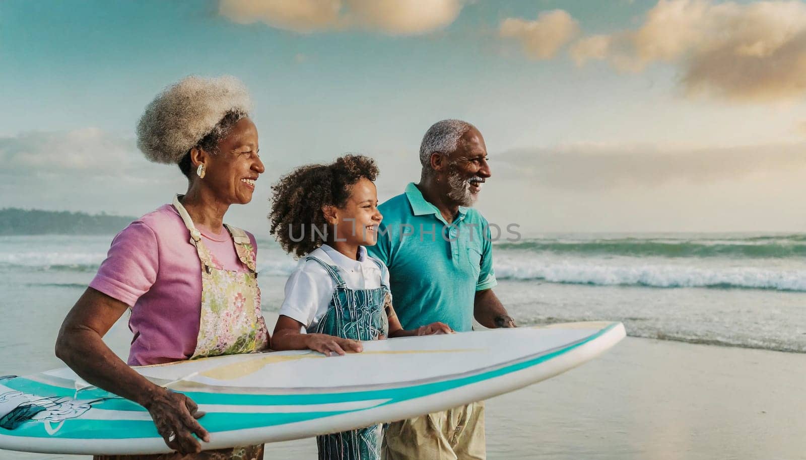 Senior black man and a child are walking on the beach with surfboards. Scene is lighthearted and fun, AI generated