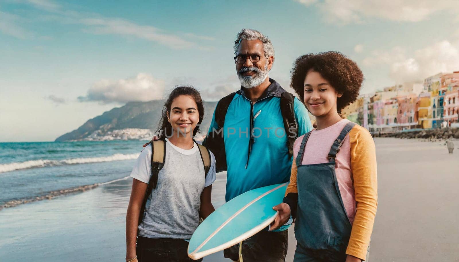 senior african american man and nephew kid walk the beach with surfboards at sunrise sky by verbano