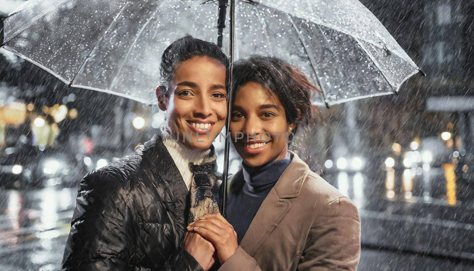 Two women are smiling and holding an umbrella together in the rain , gay couple romantic scene by verbano