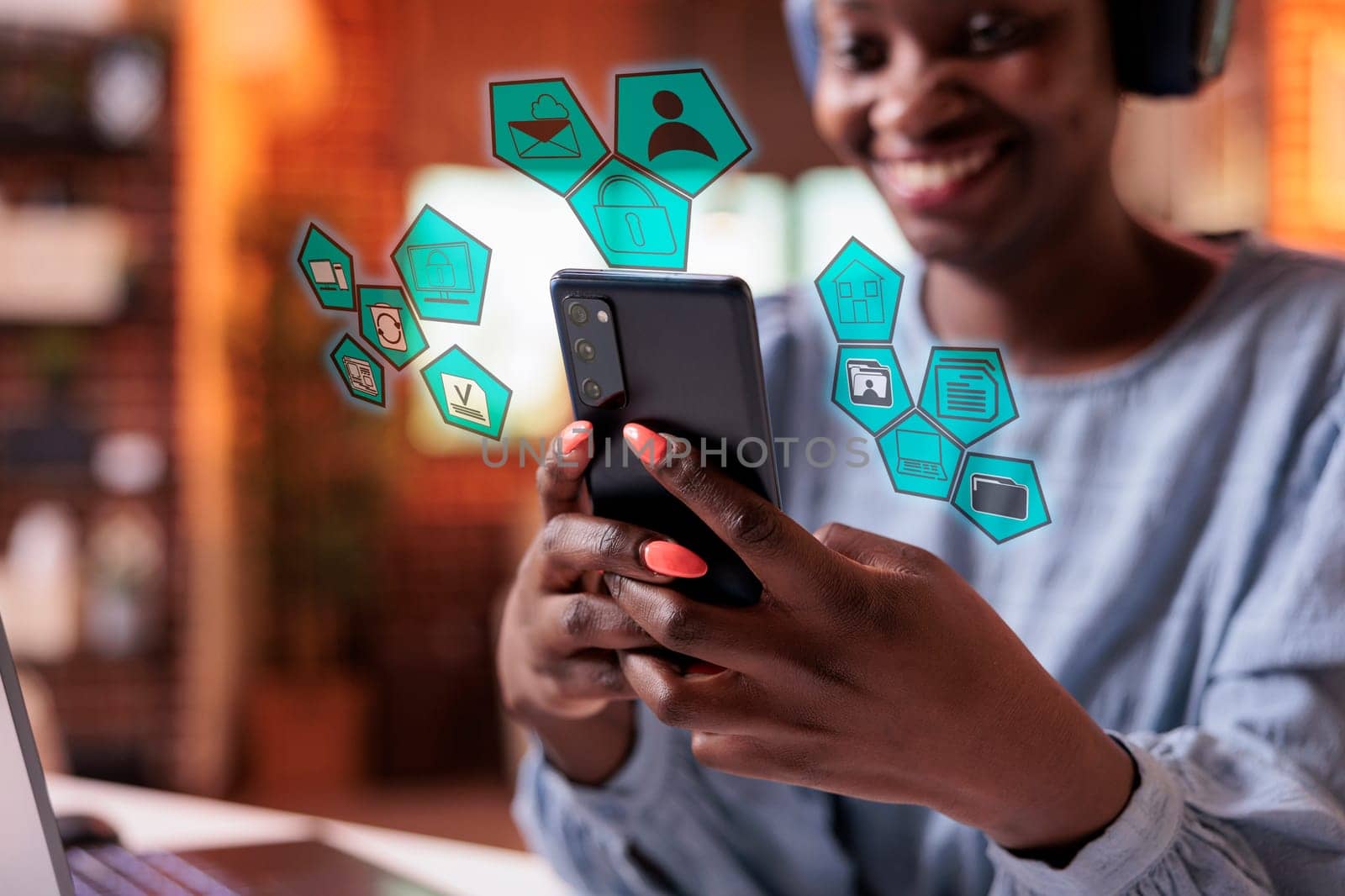 Woman navigating on phone with artificial intelligence pictograms for social networks, internet of things. Girl using multitasking illustrations, search engine optimization for daily tasks.
