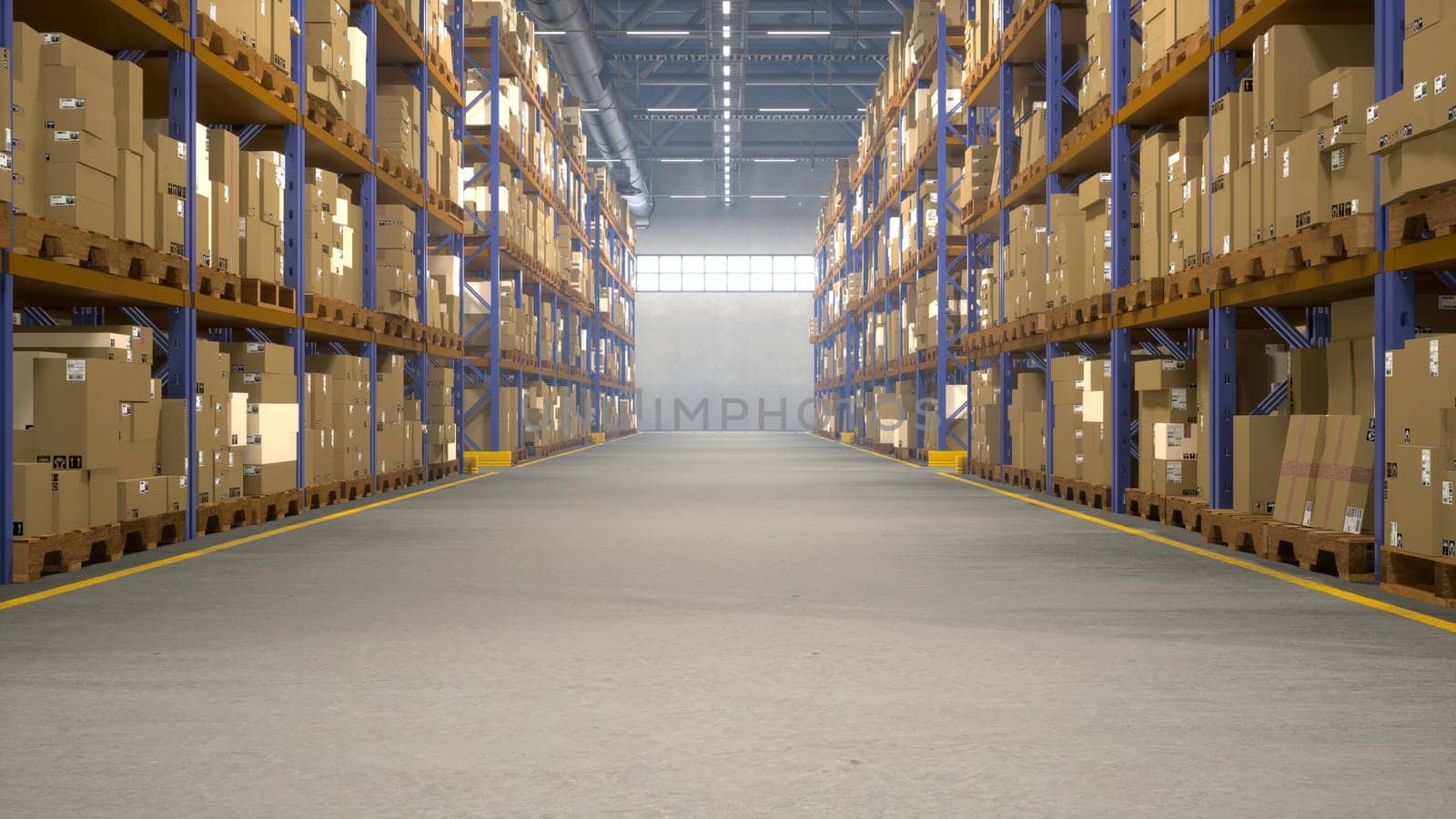 Logistics facility retaining products awaiting distribution and shipping, warehouse racks packed with goods in containers. Storehouse overseeing trade procedures. 3D animation render.