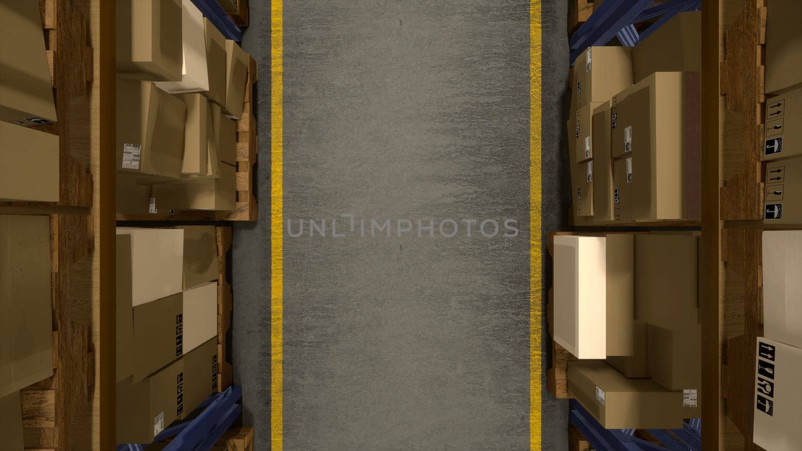 Massive storage center storing wholesale boxes with order labels, retail products on metal racks. Warehouse managing shipments with commerce import export system. 3d render animation.