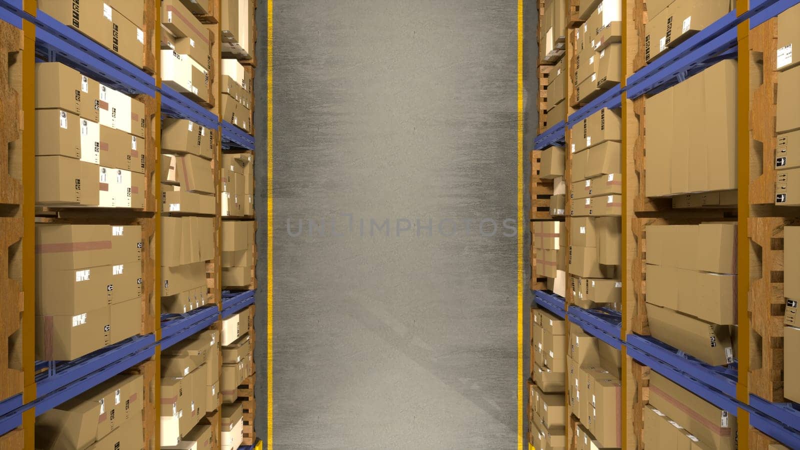 Supply chain goods with delivery order information and barcodes, items stored in depot while being in transit. Storehouse managing distribution system for retail industry. 3d render animation.
