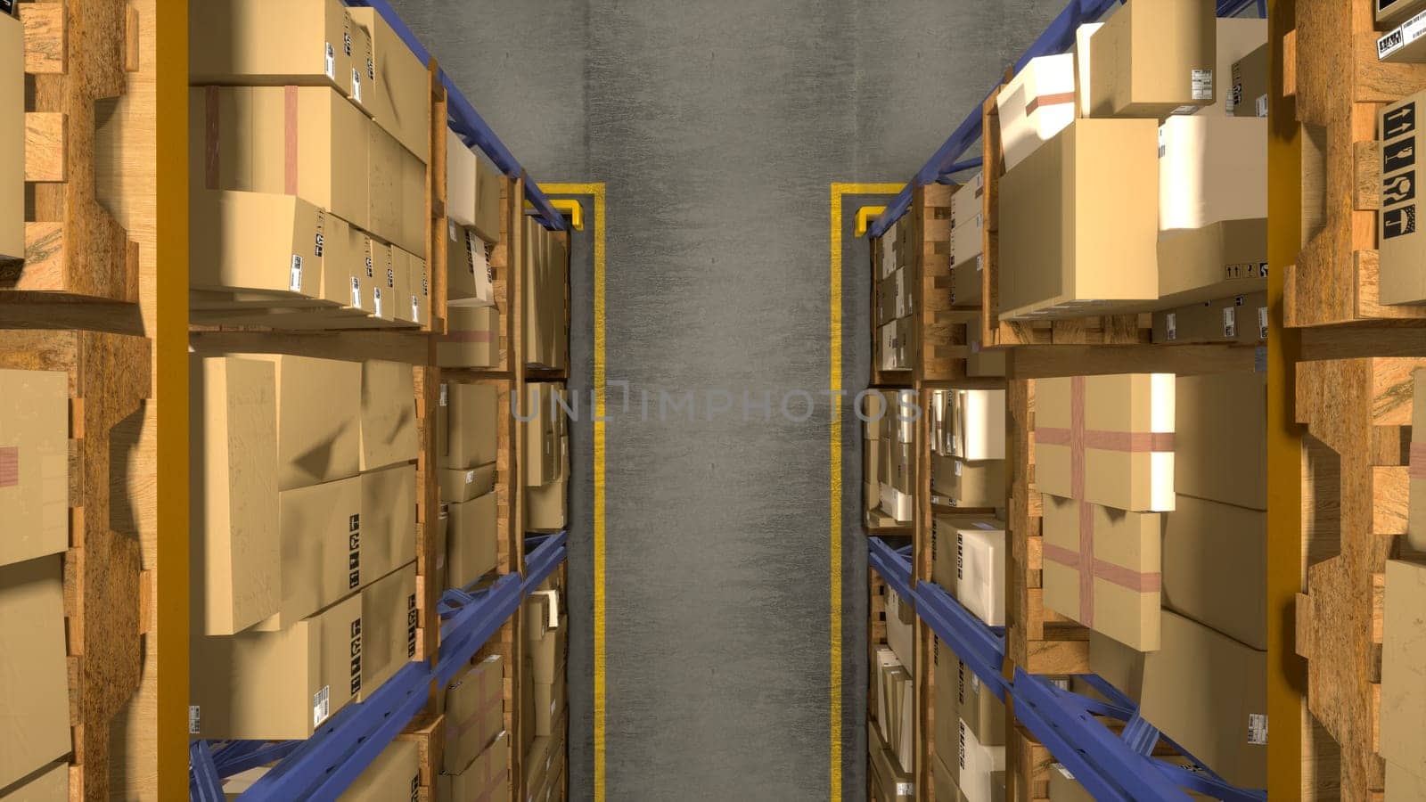 Industrial warehouse stacking packages with order invoices ready for express delivery, administrative center for commerce sector. Depot with boxes tagged with tracking numbers. 3D render animation.