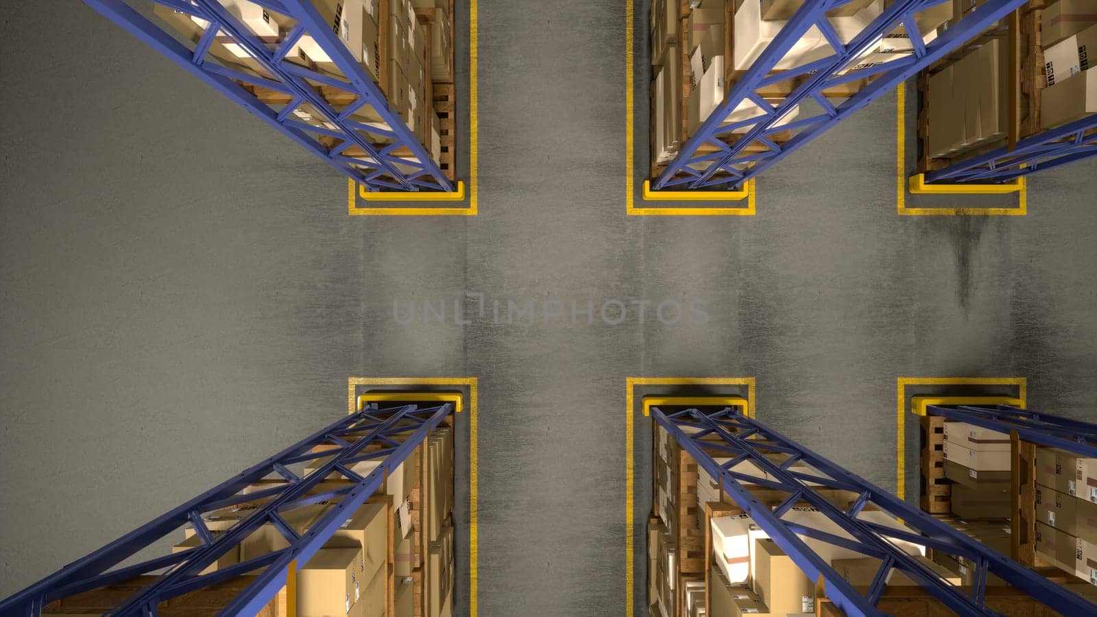 Industrial racks an shelves in distribution center filled with packages, storage facility preparing retail commerce goods for shipment. Logistical import export system. 3D render animation.