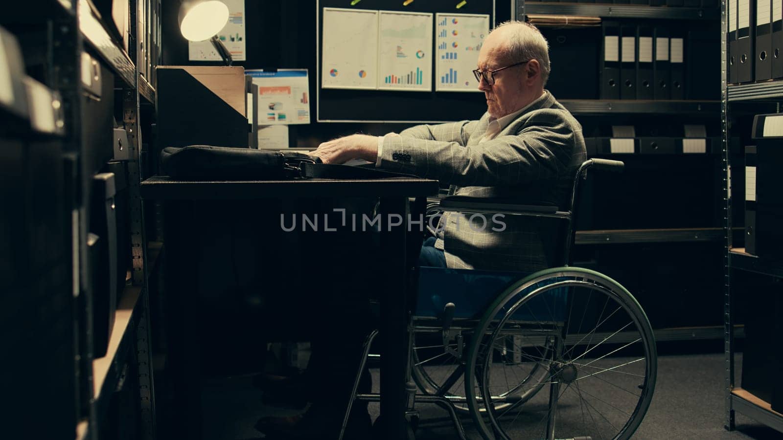Paralyzed senior inspector reviewing classified case records in incident room by DCStudio