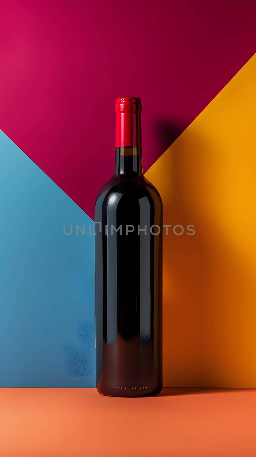 A vibrant red glass bottle filled with liquid, sealed with a red bottle cap, displayed on a colorful background. The bottle could be cosmetics, fluid, or a drinkware item