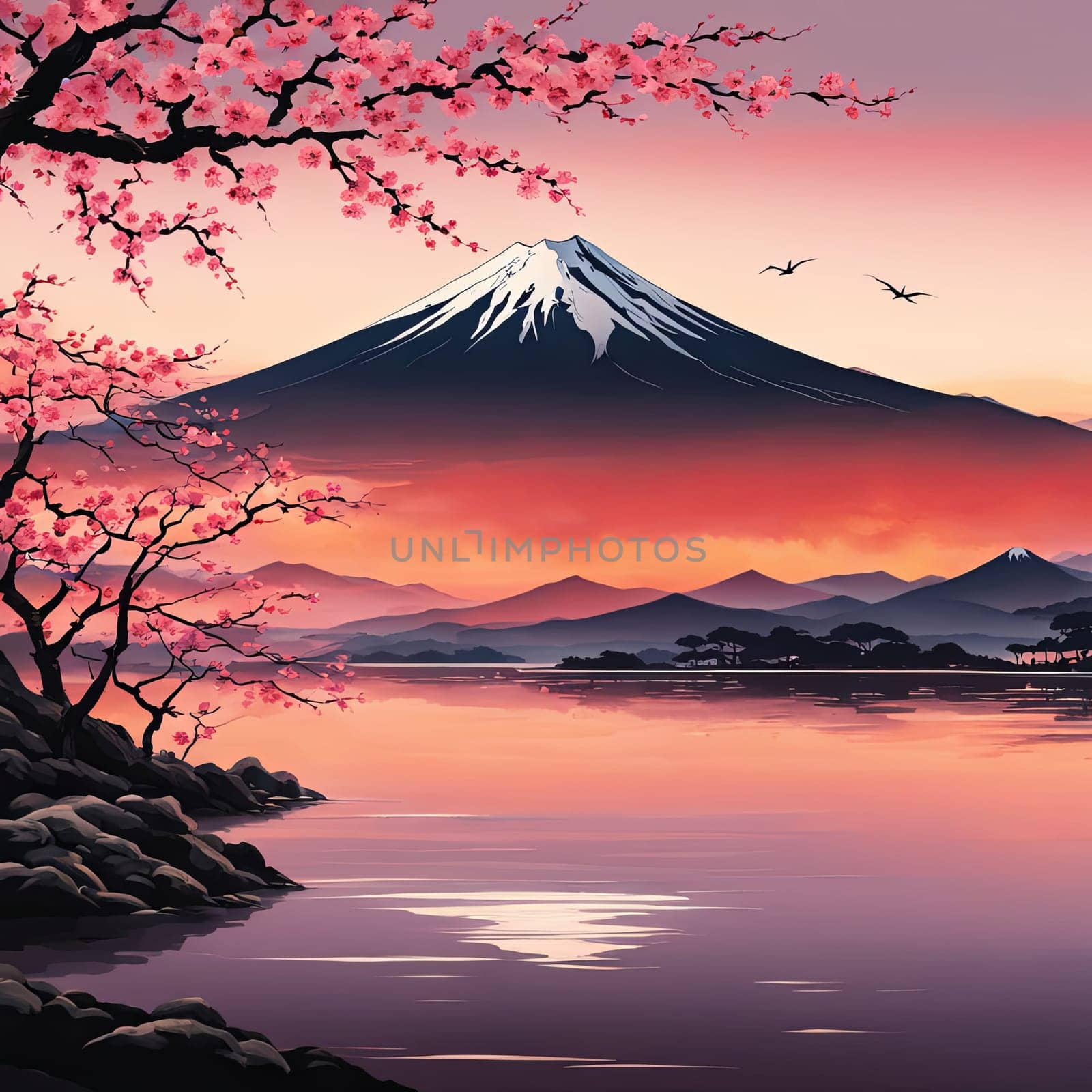 Majestic Mount Fuji, Japans iconic peak, bathed in warm hues of breathtaking sunset. Tranquil beauty of scene is accentuated by blending colors of sky. For art, creative projects, fashion, magazines. by Angelsmoon