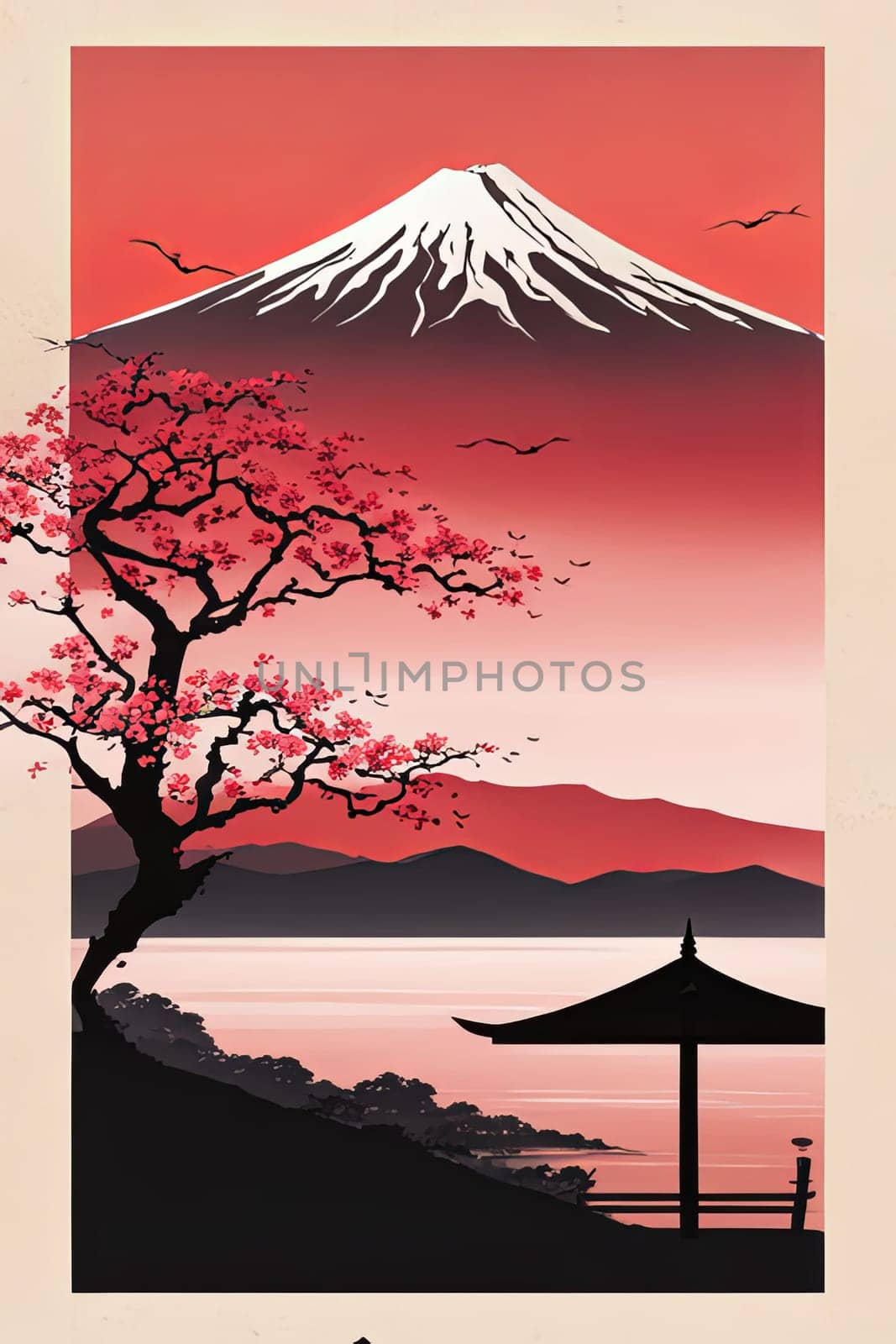 Majestic Mount Fuji in foreground, complemented by delicate backdrop of cherry blossoms in full bloom, tranquility of Japans iconic landscapes. For art, creative projects, fashion, style, magazines