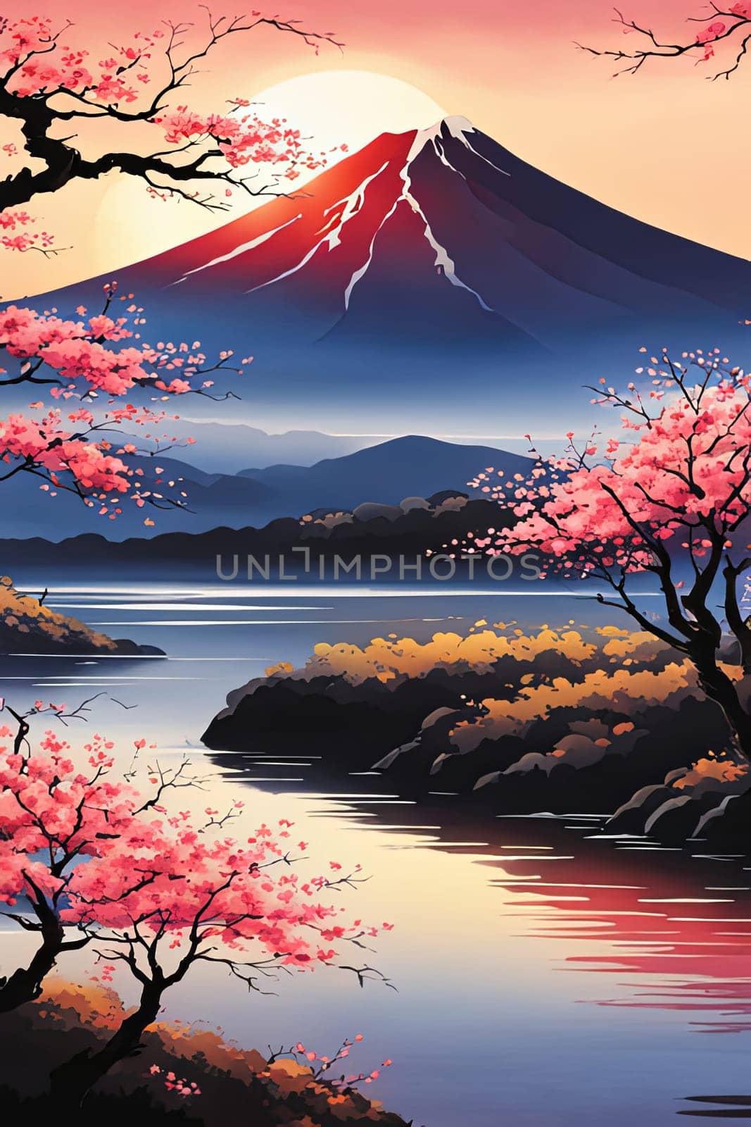 Mount Fuji majestically rising in background, framed by delicate cherry blossoms in full bloom, capturing essence of Japans natural beauty, cultural significance. For art, fashion, style, magazines