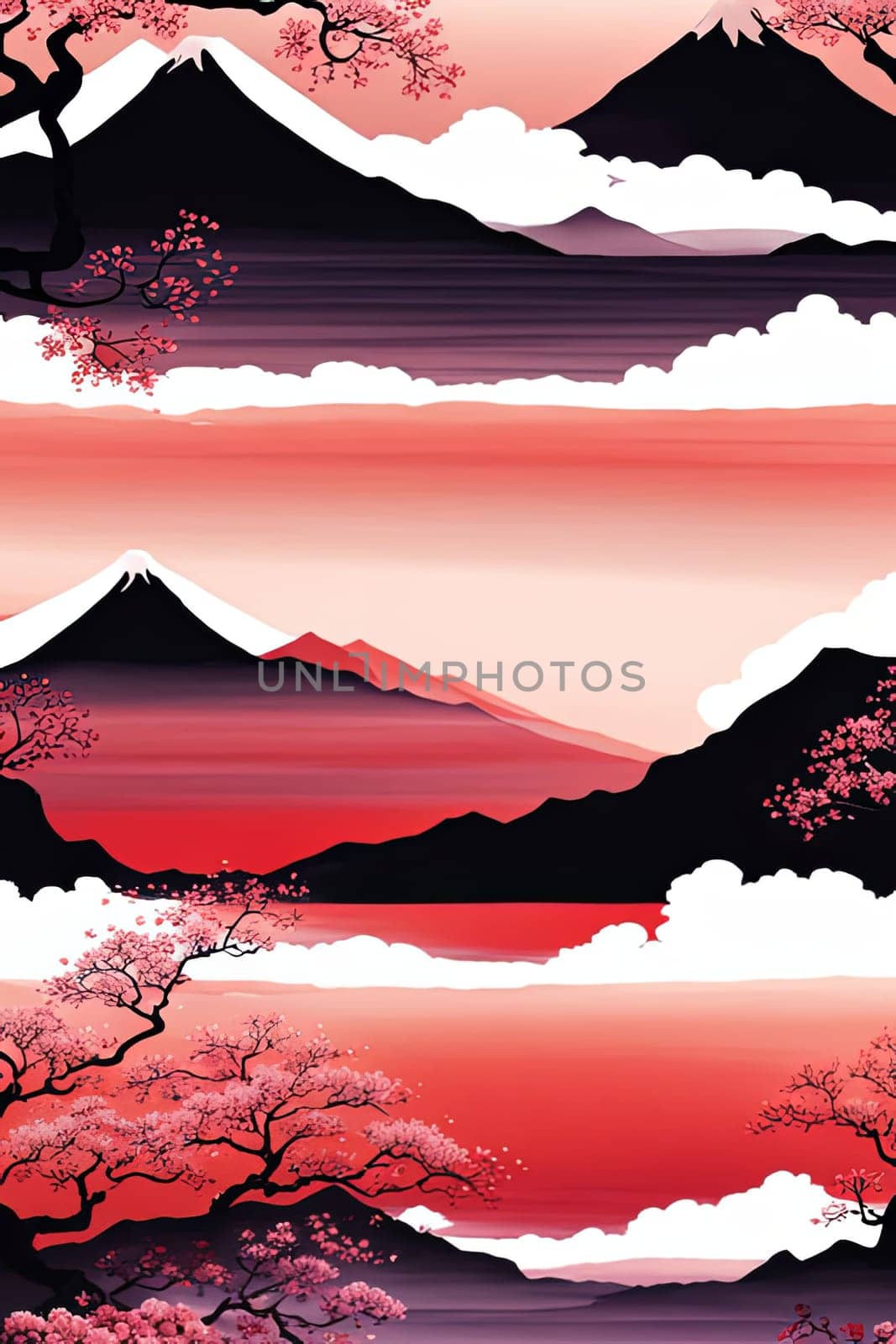 Serene landscape with mountain in background. For meditation apps, on covers of books about spiritual growth, in designs for yoga studios, spa salons, illustration for articles on inner peace, print