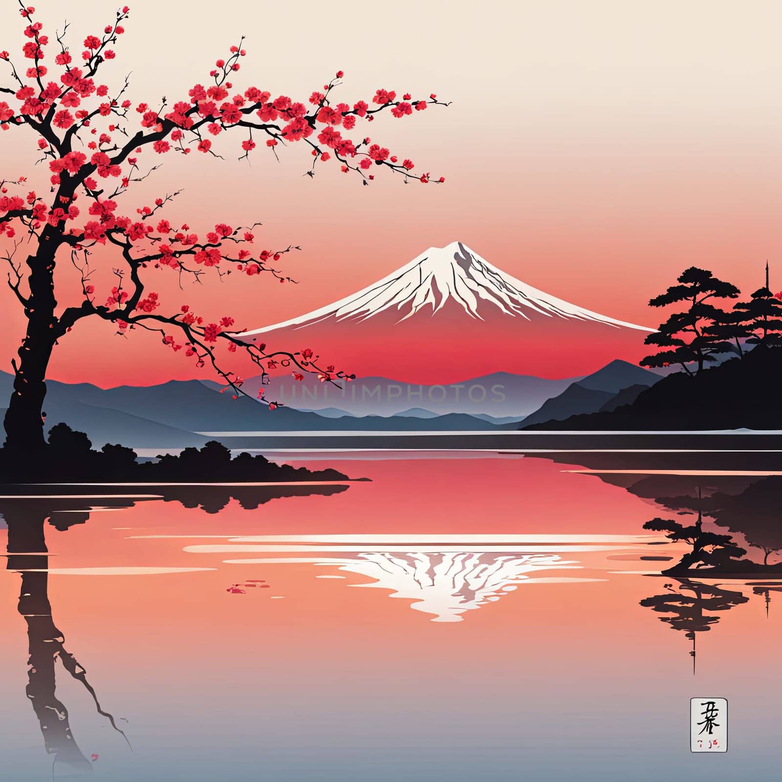 Majestic Mount Fuji in foreground, complemented by delicate backdrop of cherry blossoms in full bloom, tranquility of Japans iconic landscapes. For art, creative projects, fashion, style, magazines. by Angelsmoon