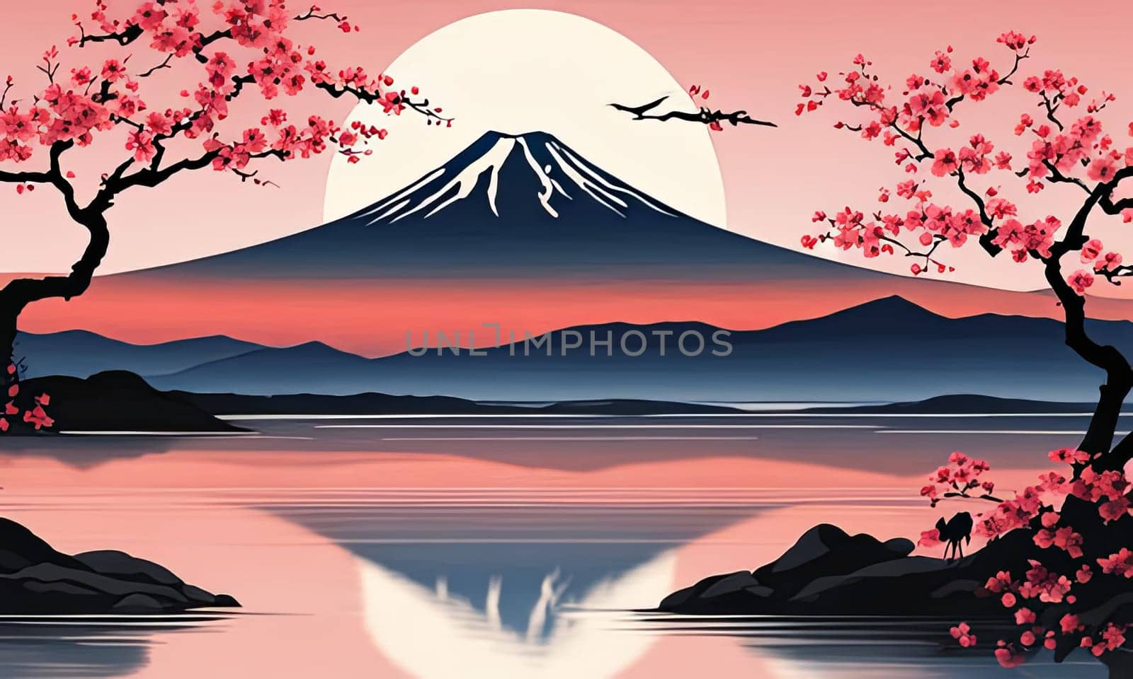 Majestic Mount Fuji in foreground, complemented by delicate backdrop of cherry blossoms in full bloom, tranquility of Japans iconic landscapes. For art, creative projects, fashion, style, magazines