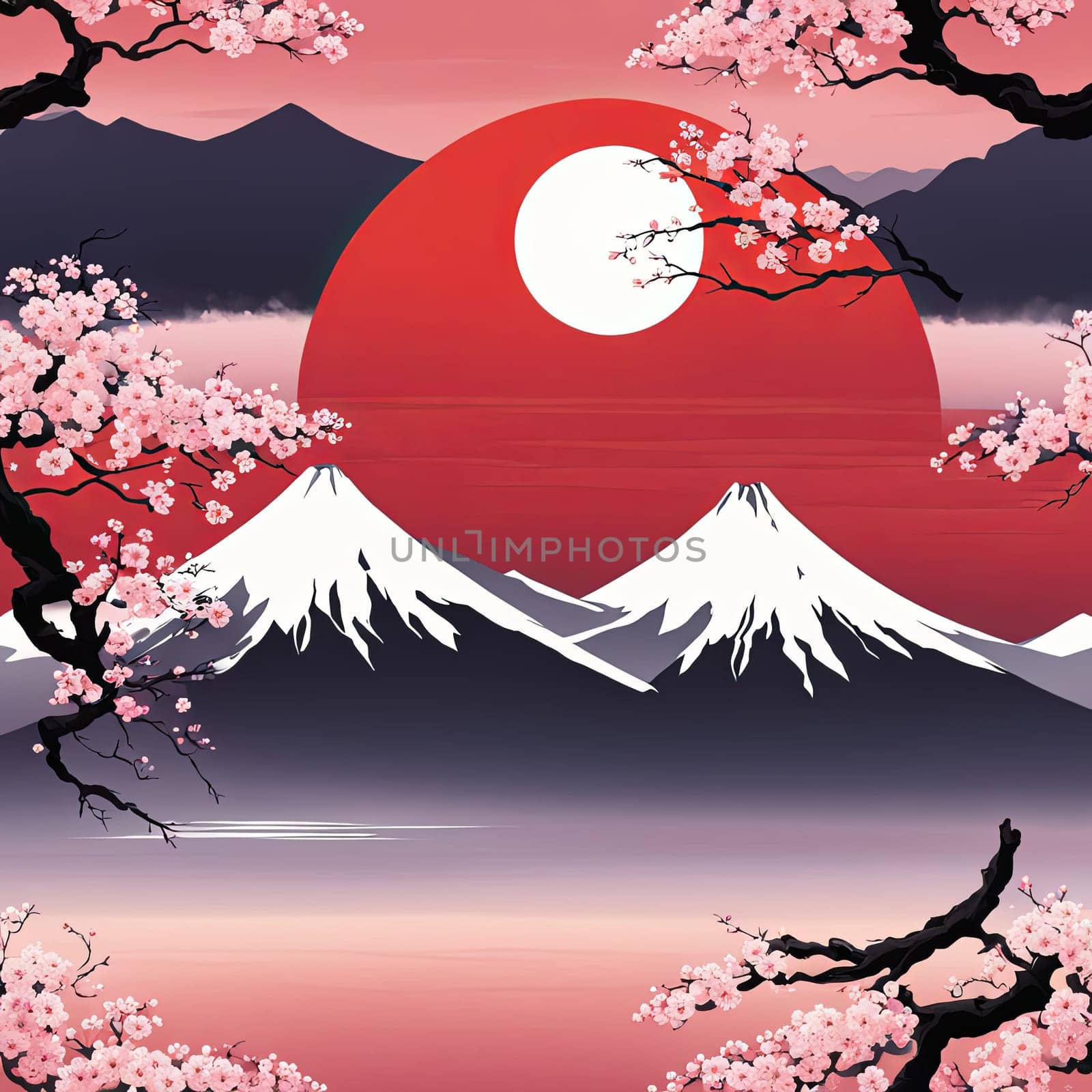 Mount Fuji at sunset, capturing majestic silhouette of mountain against vibrant, colorful sky as sun dips below horizon, creating tranquil scene. For art, creative projects, fashion, style, magazines. by Angelsmoon