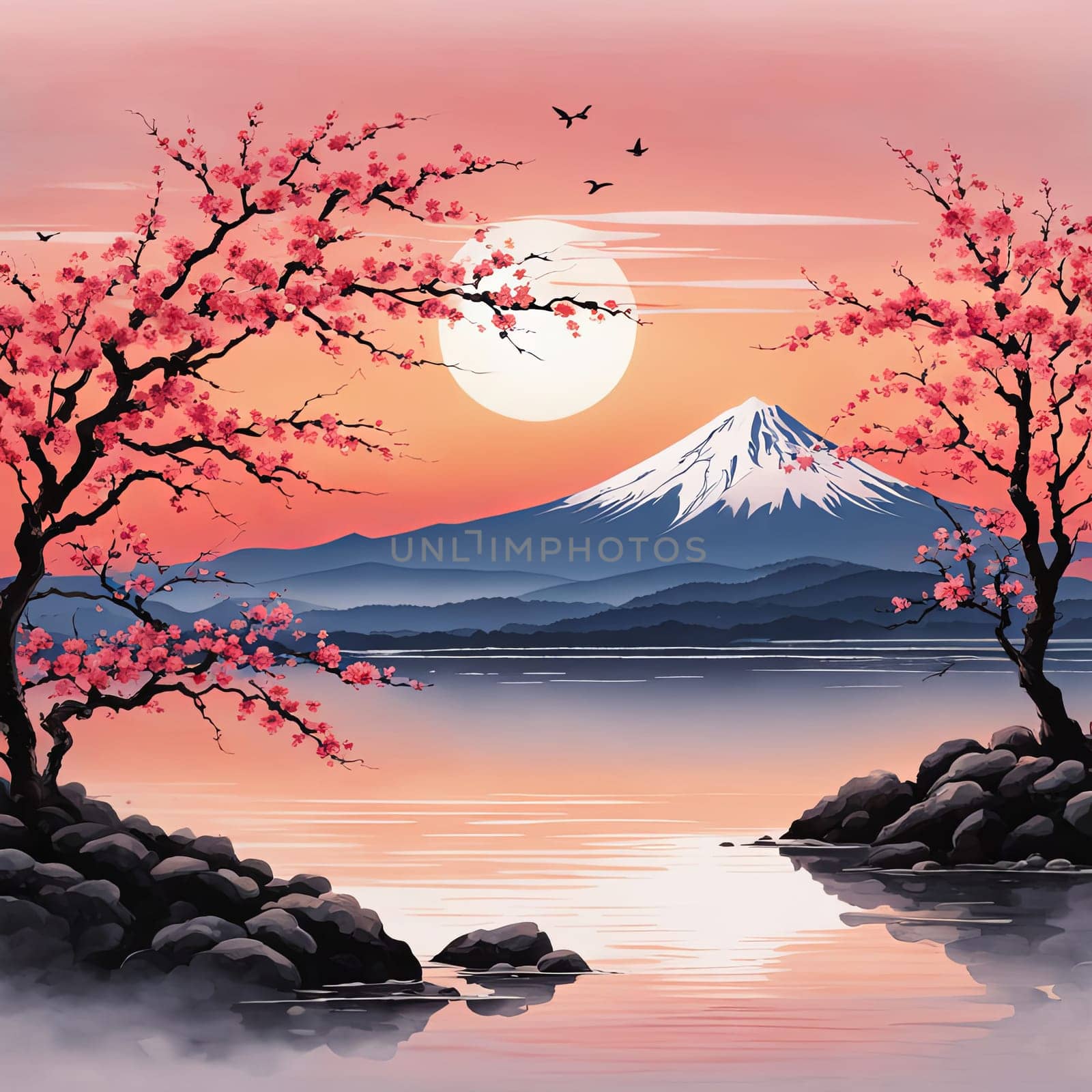 Cherry tree in full bloom with majestic Mount Fuji in background, capturing essence of traditional Japanese beauty, tranquility. For interior, commercial spaces to create stylish atmosphere, print. by Angelsmoon