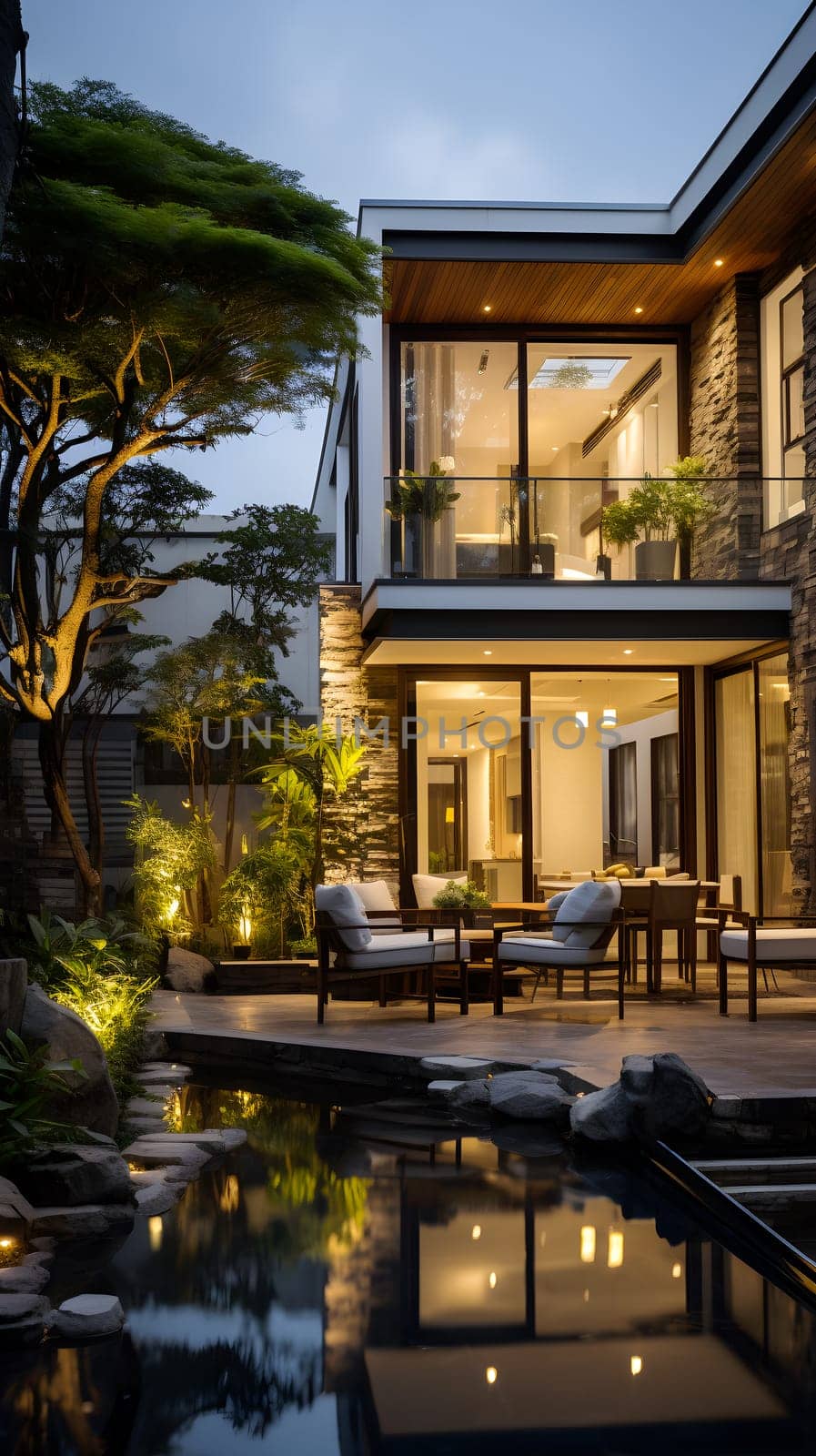 This image features the exterior of a modern two-story home at twilight, showcasing its warm interior lighting, lush garden landscaping, and tranquil reflecting pond - Generative AI
