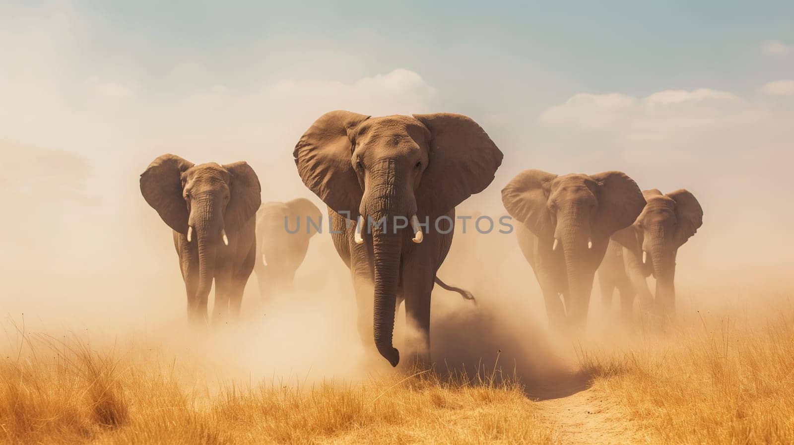 A majestic herd of elephants moves through a dusty savanna with the warm glow of the sunset enveloping them - Generative AI