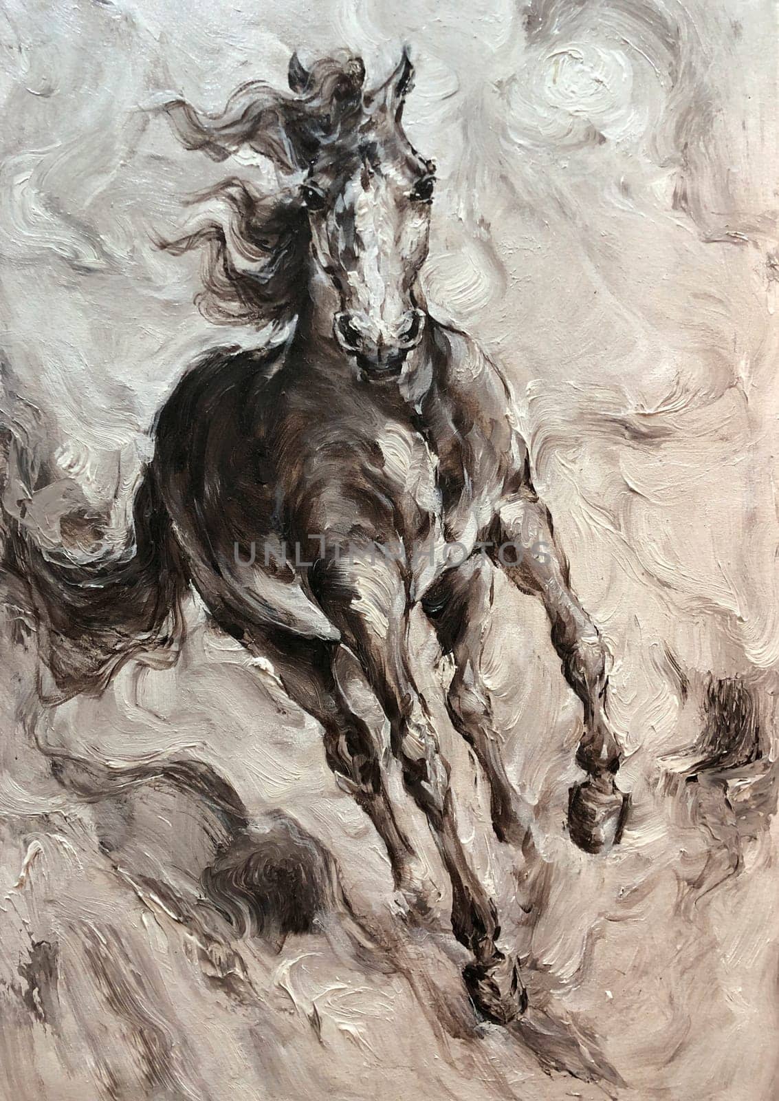 Canvas oil painting of a running horse, modern art, beautiful portrait
