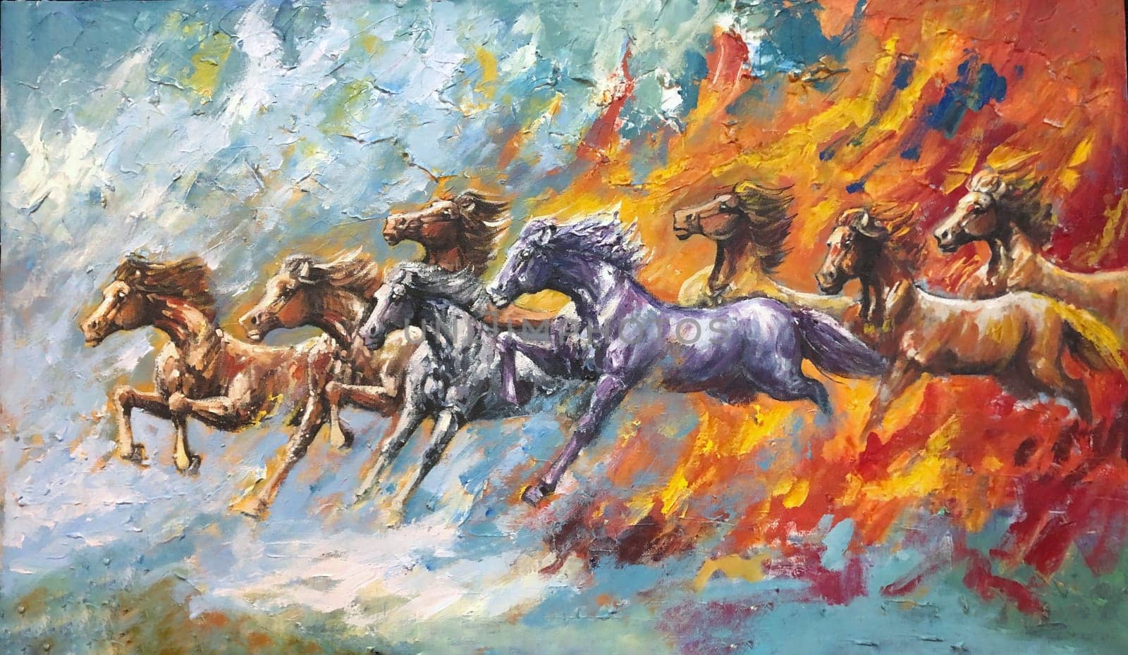 Canvas oil painting of 8 running horses, modern art, beautiful portrait