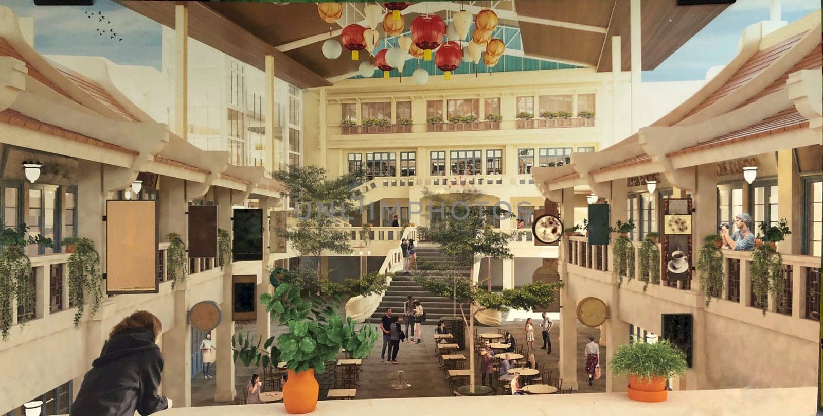 Oil painting on canvas of a food court atmosphere in a shopping center