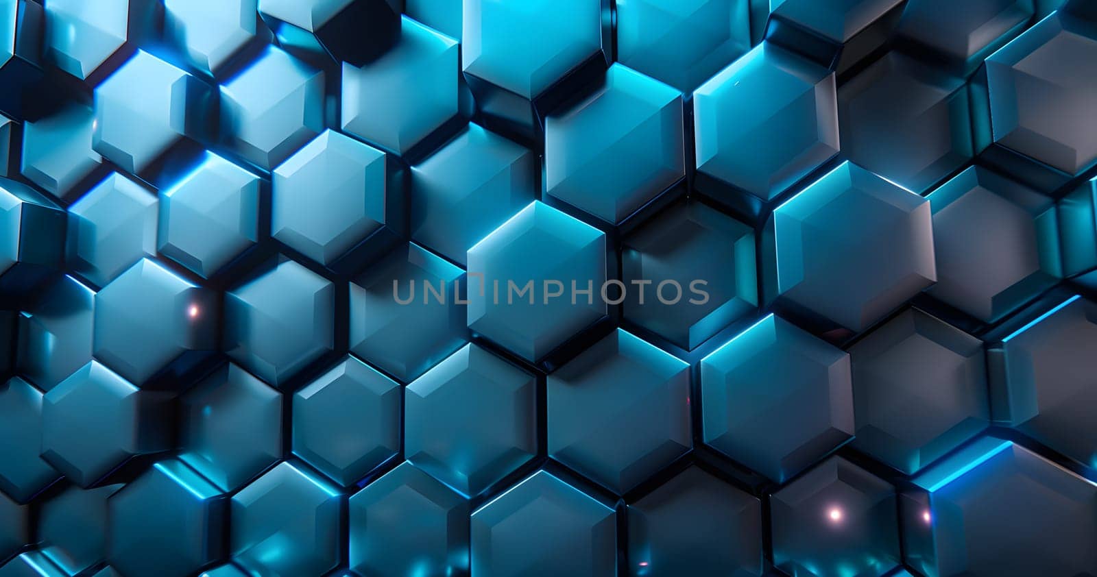 Closeup of electric blue hexagon pattern on black background by Nadtochiy