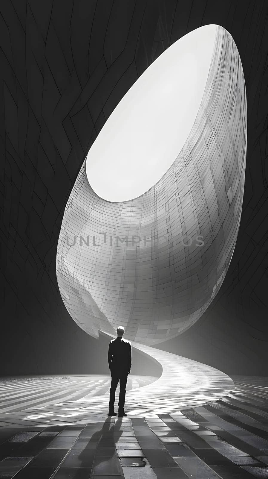 a man is standing in front of a large white object in a black and white photo by Nadtochiy