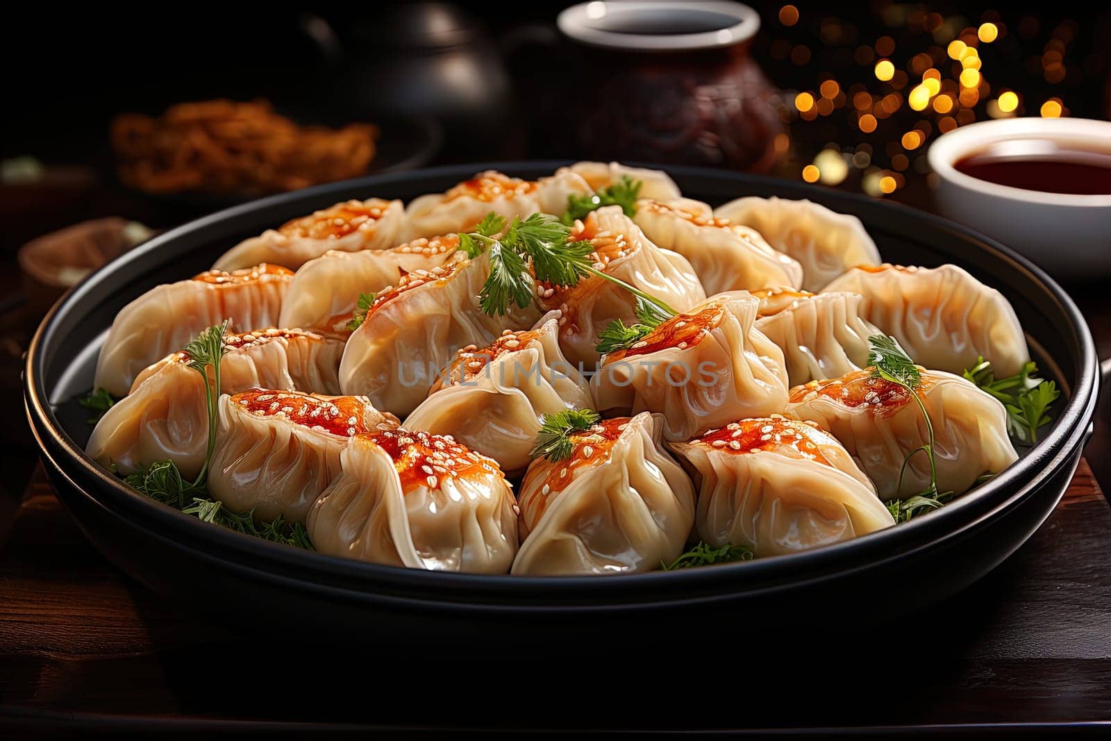 Traditional Chinese dish dumplings. Server table beautifully decorated with dish with chinese dumplings illustration